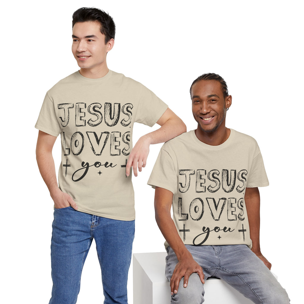 Jesus Loves You Chalk-Style Tee — Crosses & Stars Christian UNisex Cotton T-Shirt