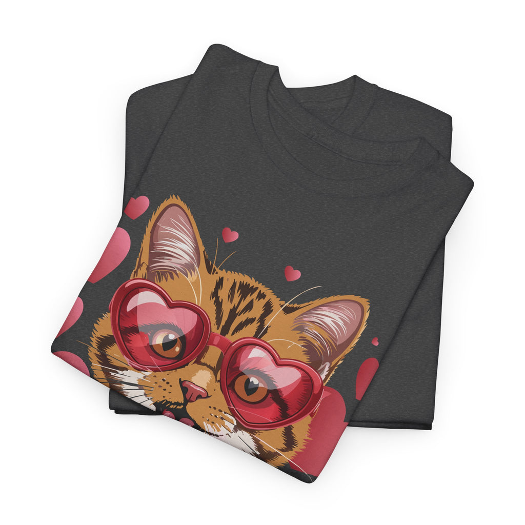 Valentine Cat Tee — Heart Glasses, Lollipop Bow Unisex Cotton Tee