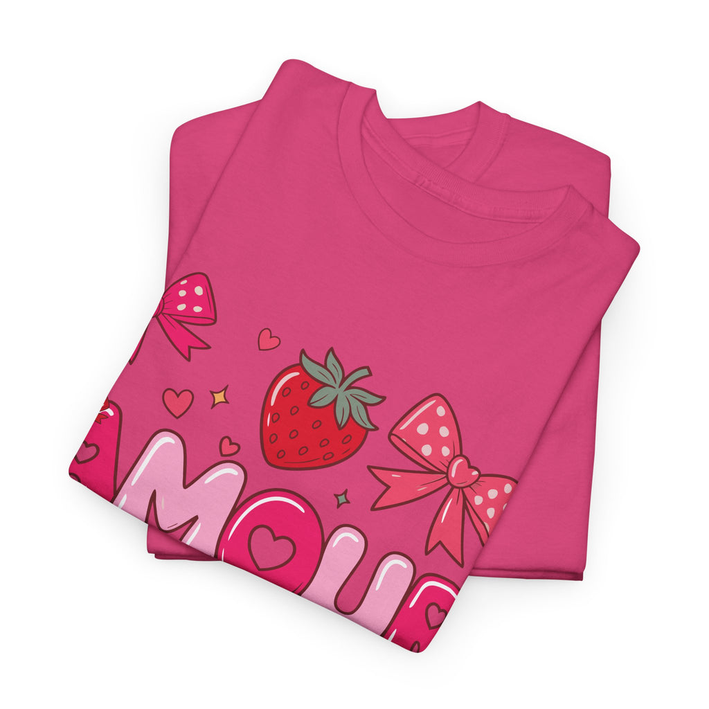 Amour Pink Hearts Tee — Shiny Lettering with Bows, Cherries & Strawberry Accent...Unisex Cotton Tee