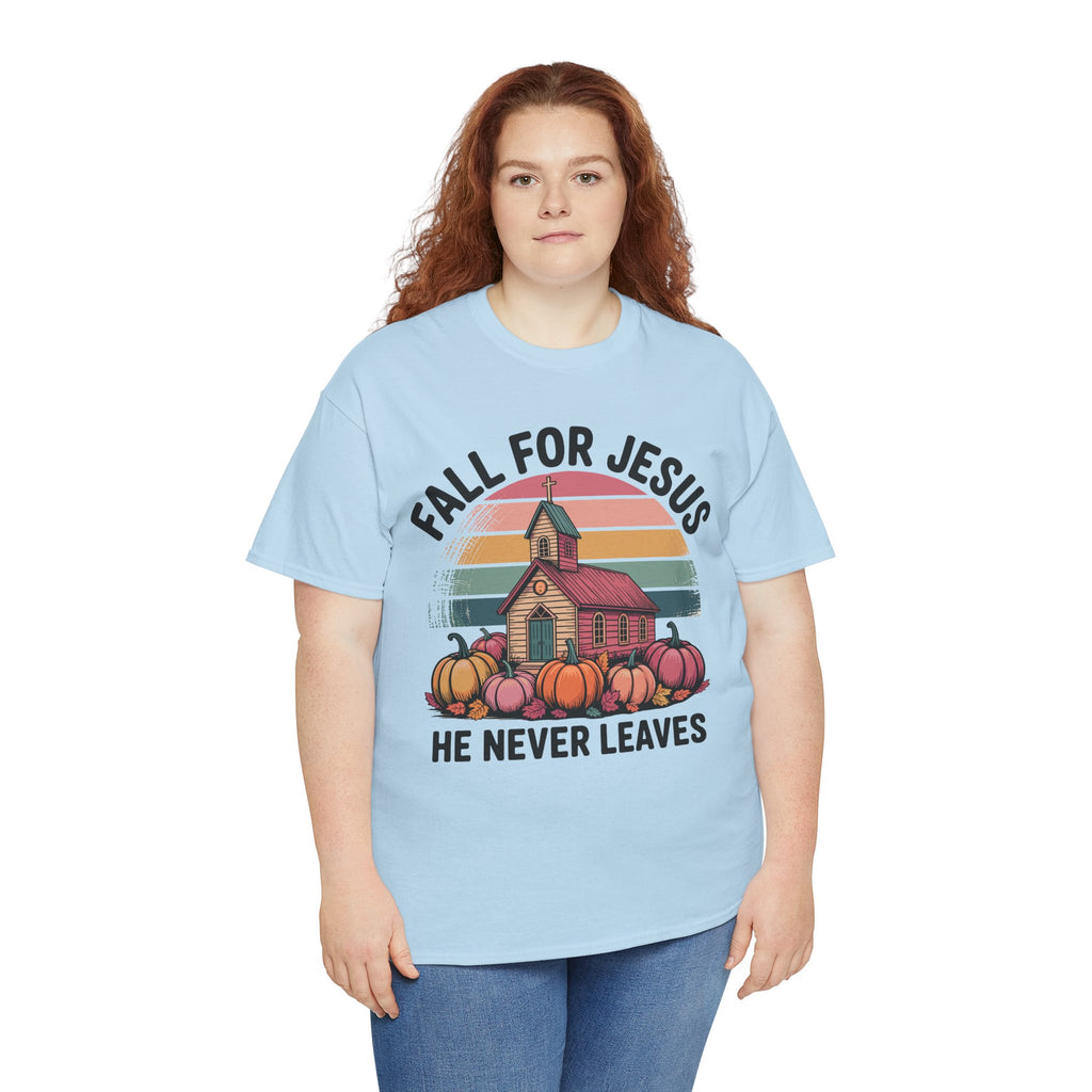 Jesus Leopard Print Fall T-Shirt — Pumpkins, Leaves & Floral Faith Unisex Cotton Tee