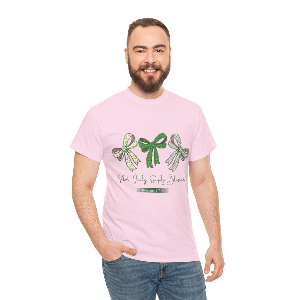 Not Lucky Simply Blessed Tee — Romans 4:7-8 Green Bow Christian Unisex Cotton T-Shirt