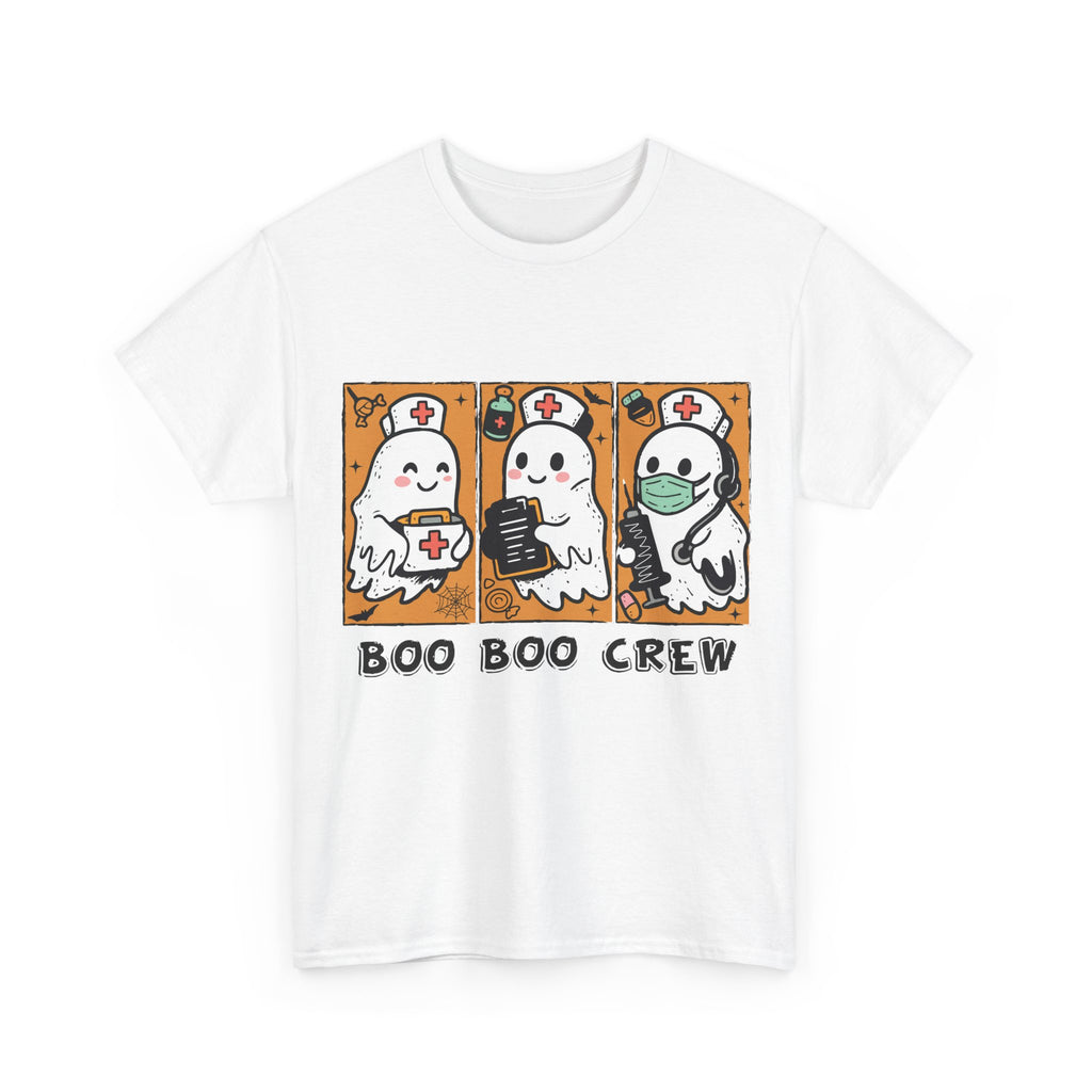 Halloween Nurse T-Shirt — Ghost Nurses Holding Medical Tools on Orange Unisec Cotton Tee