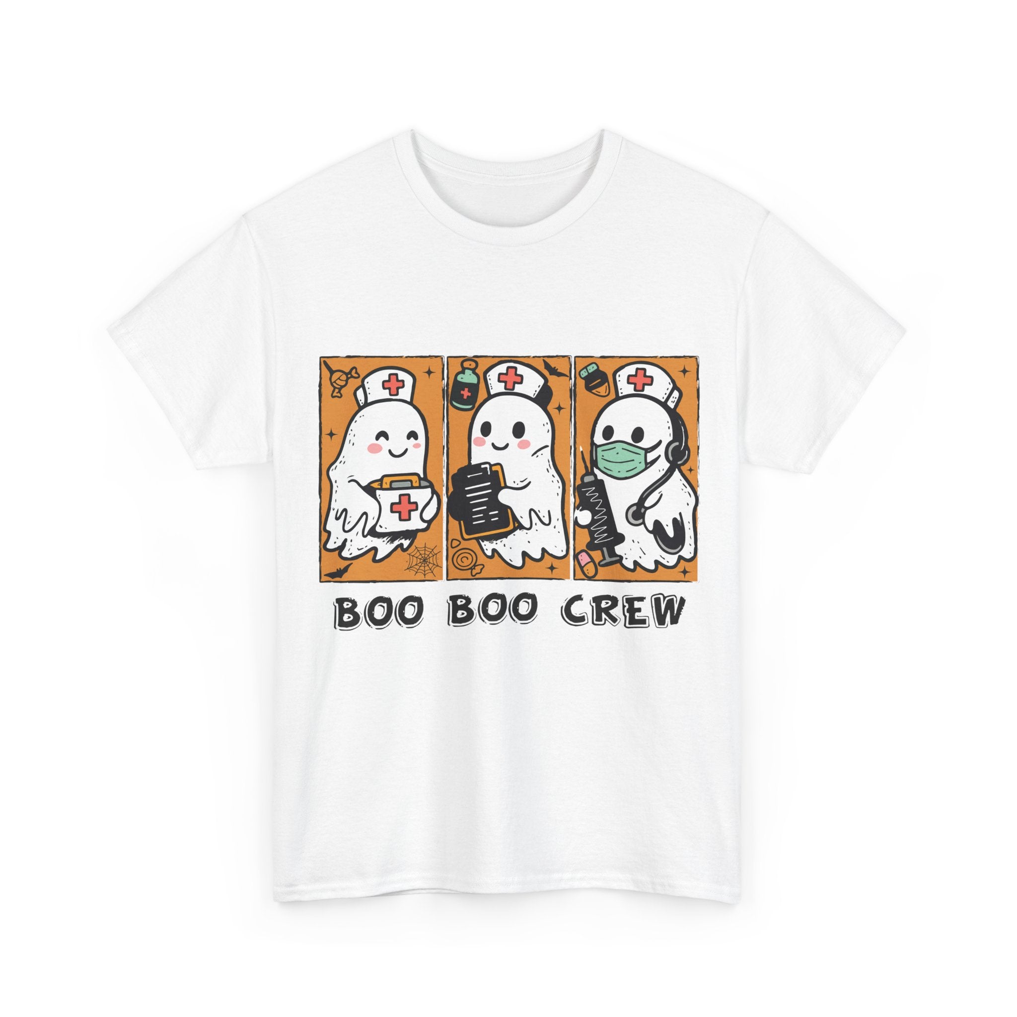 Halloween Nurse T-Shirt — Ghost Nurses Holding Medical Tools on Orange Unisec Cotton Tee