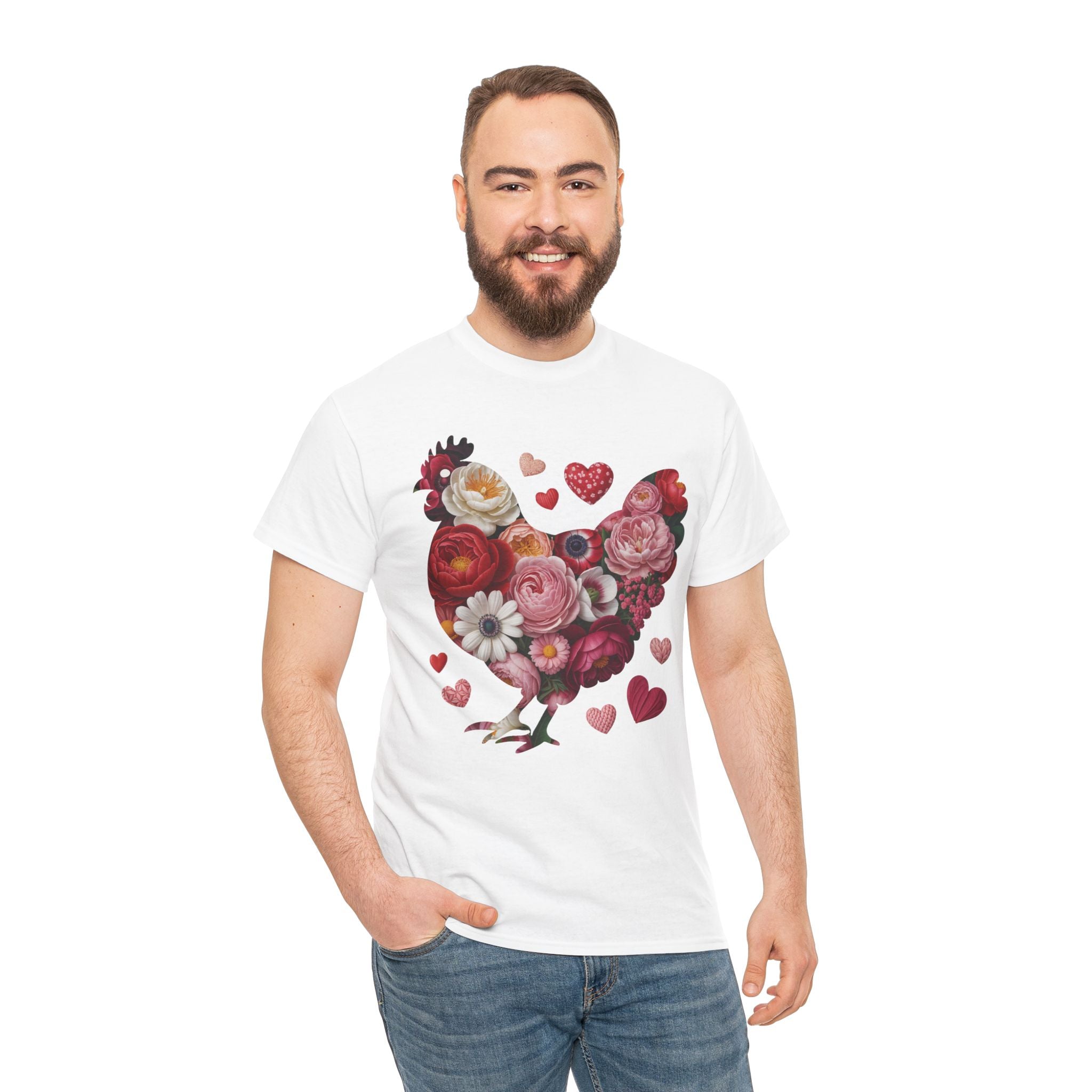 Floral Chicken Heart Tee — Red & Pink Flower Silhouette Unisex Cotton Tee