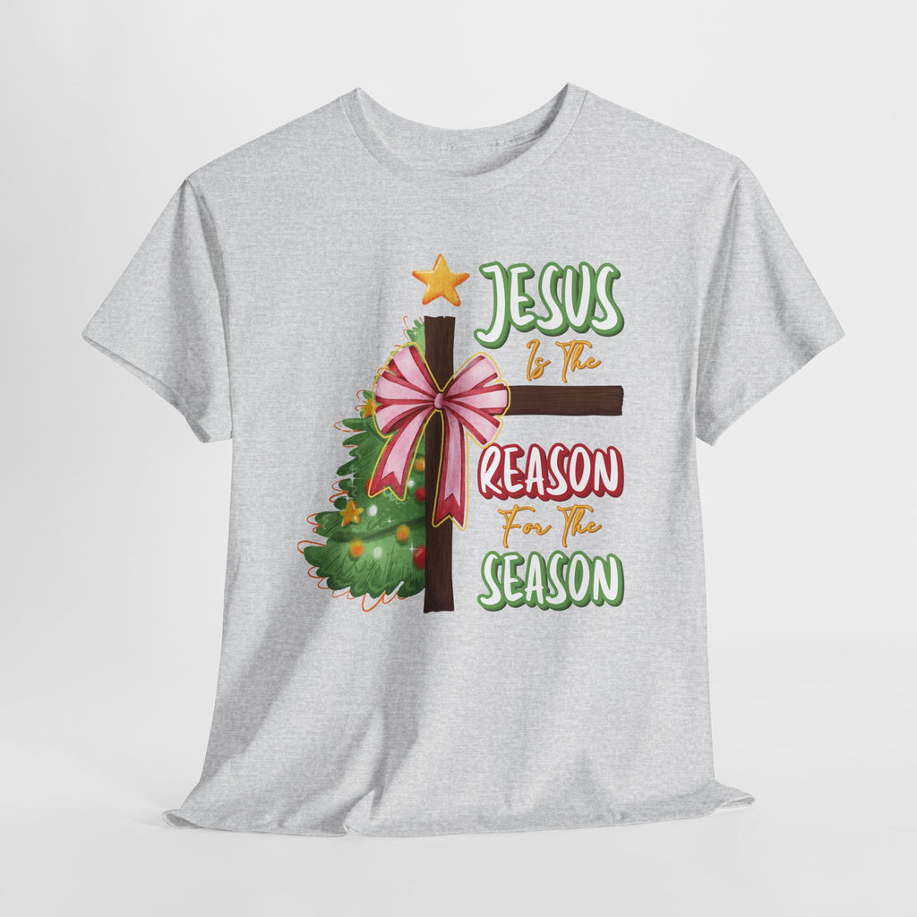 Jesus Is the Reason for the Season Christmas Tee — Cross with Pink Bow & Tree. Unisex Cotton Tee
