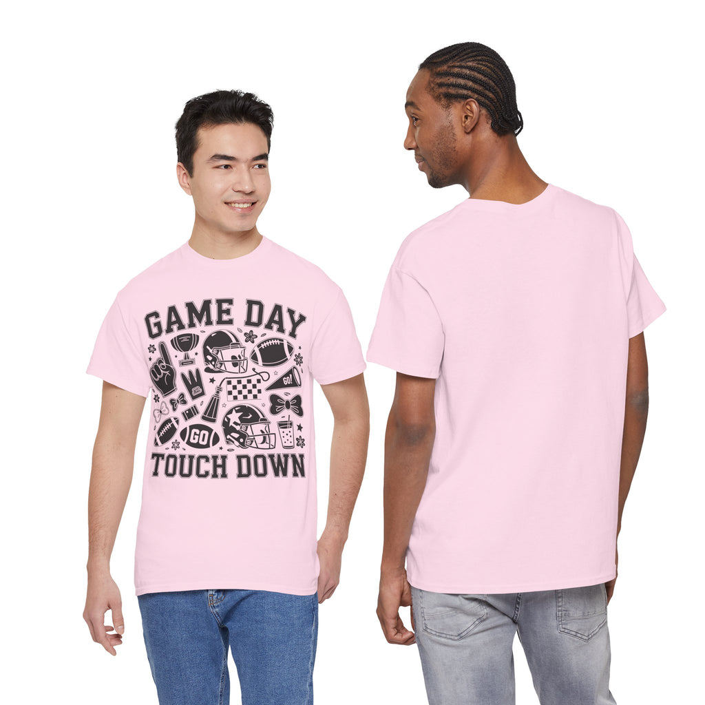Game Day Touch Down Football T‑Shirt — Helmet & Cheer Monochrome Design Unisex Cotton Tee