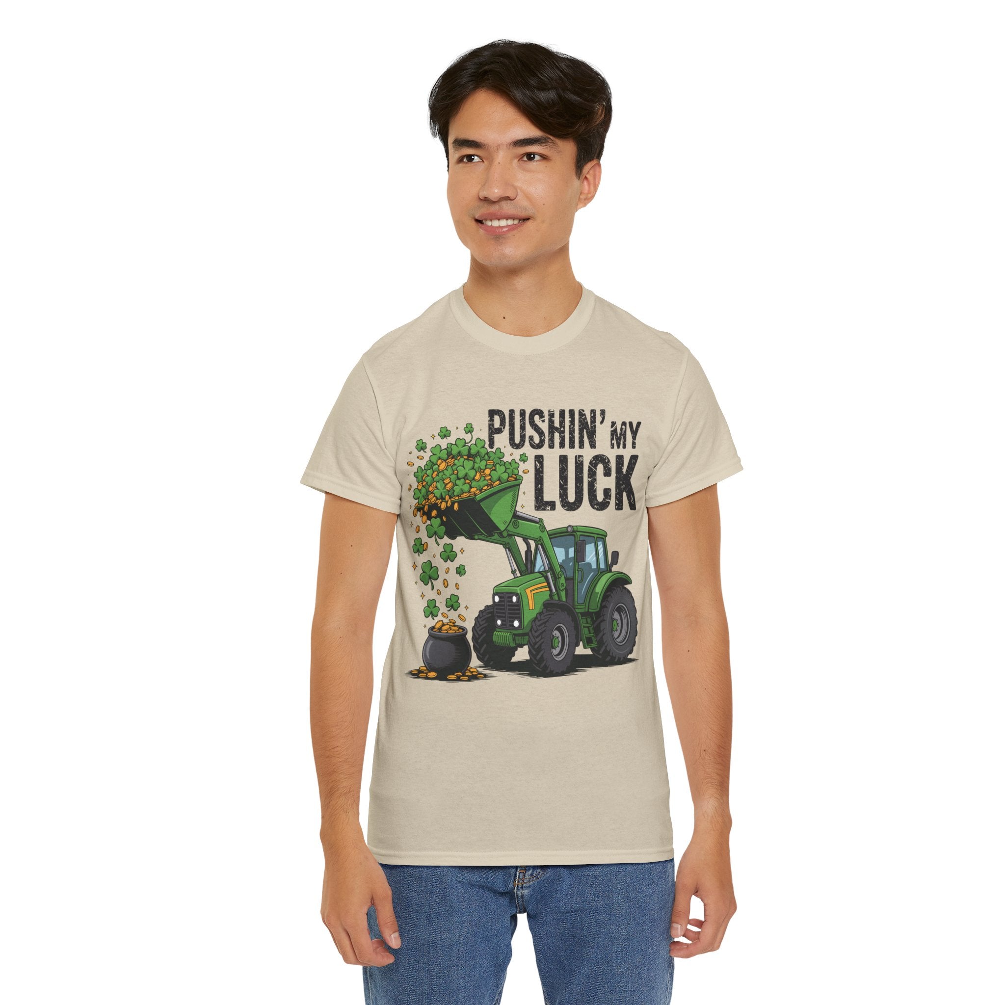 Pushin' My Luck Shamrock Tractor Tee — St. Patrick's Day Unisex Cotton T-Shirt
