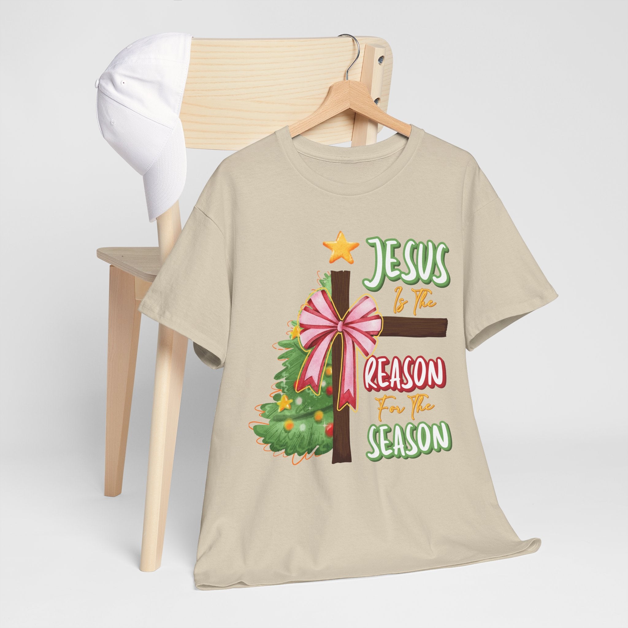 Jesus Is the Reason for the Season Christmas Tee — Cross with Pink Bow & Tree. Unisex Cotton Tee