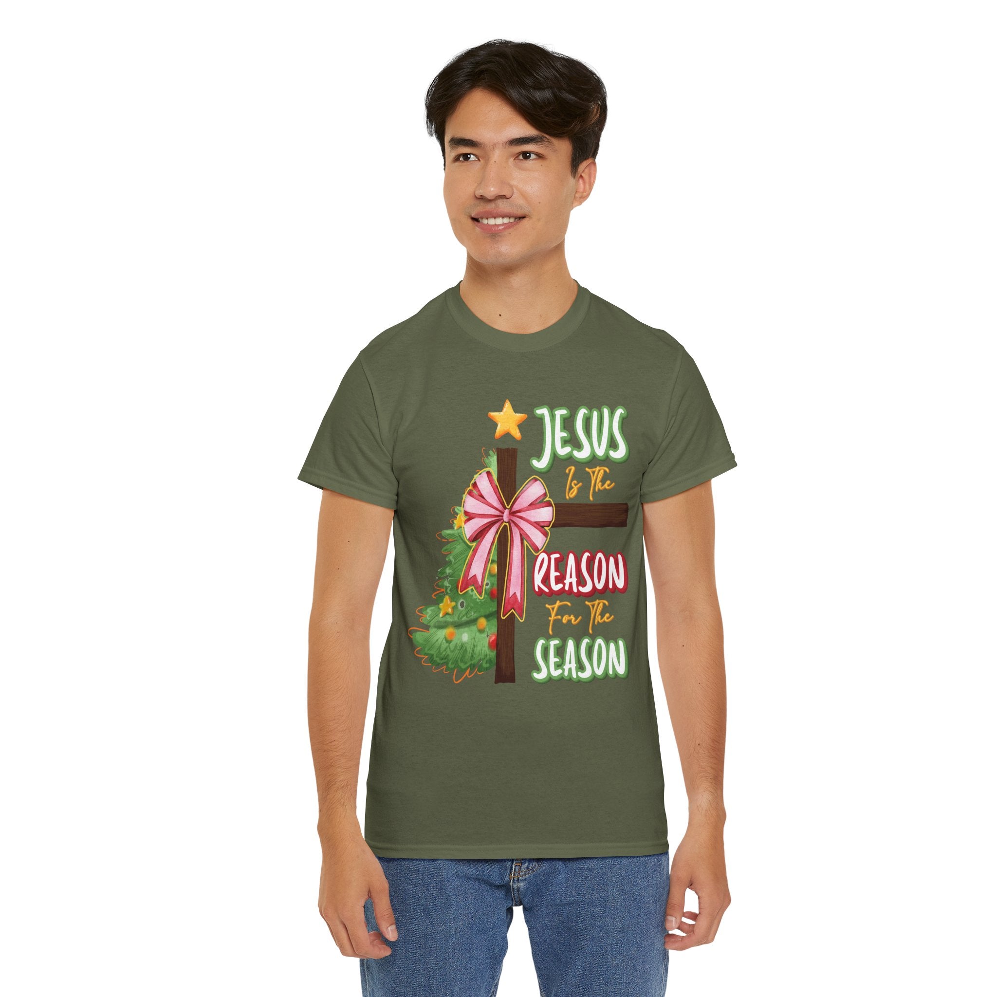 Jesus Is the Reason for the Season Christmas Tee — Cross with Pink Bow & Tree. Unisex Cotton Tee