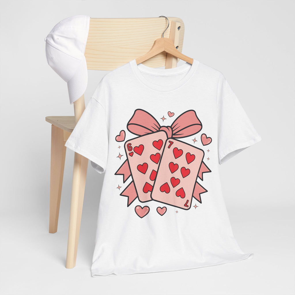 6 & 7 of Hearts T-Shirt — Paired Playing Cards with Pink Bow Unisex Cotton Tee