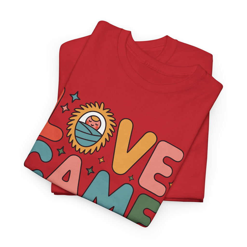 Love Came Down Christmas Tee — Baby Jesus Manger Angel (Luke 2:11)..Unisex Cotton Tee