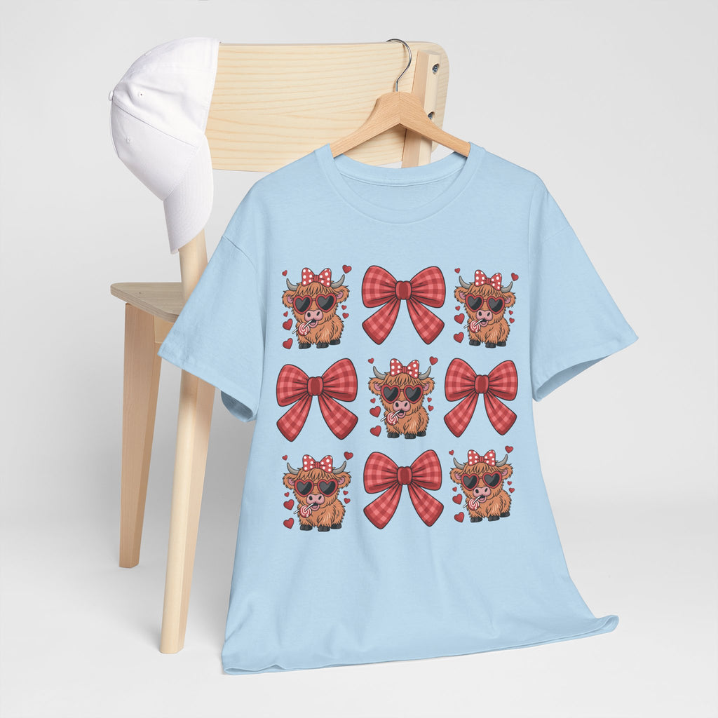Valentine Cow Checkered Tee — Fluffy Cows with Heart Sunglasses & Red Bows..Unisex Cotton Tee
