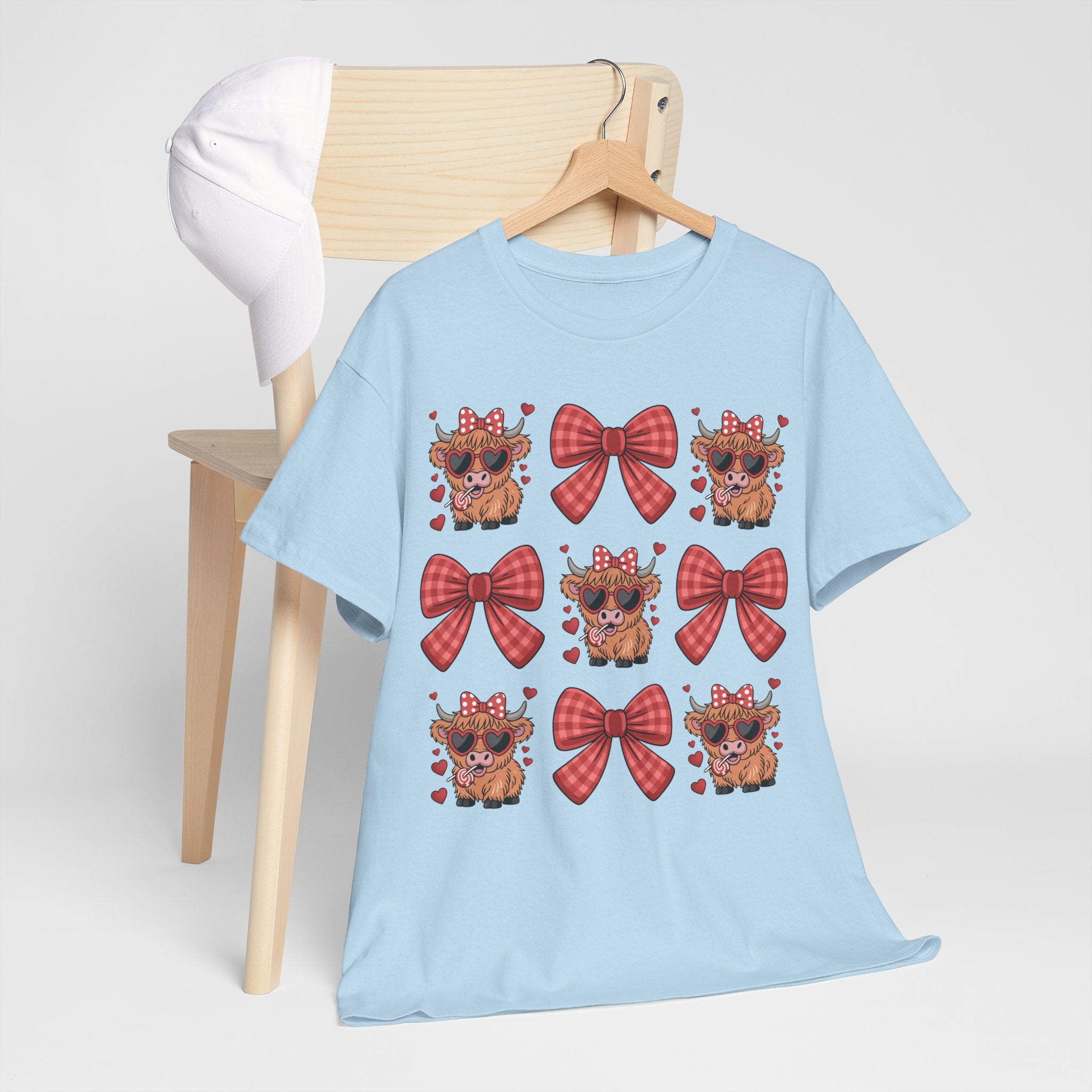 Valentine Cow Checkered Tee — Fluffy Cows with Heart Sunglasses & Red Bows..Unisex Cotton Tee