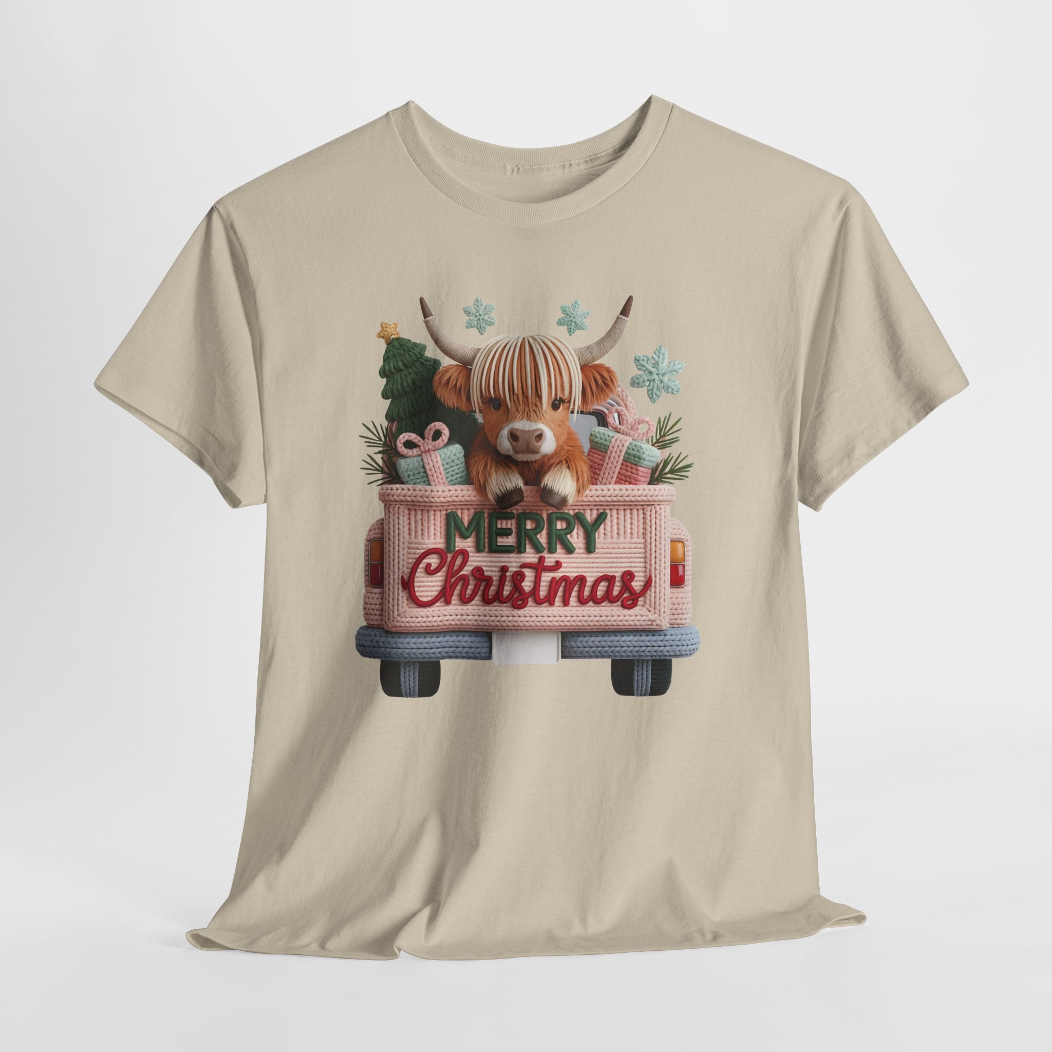 Merry Christmas Highland Cow Knit Truck Unisex Cotton T-Shirt