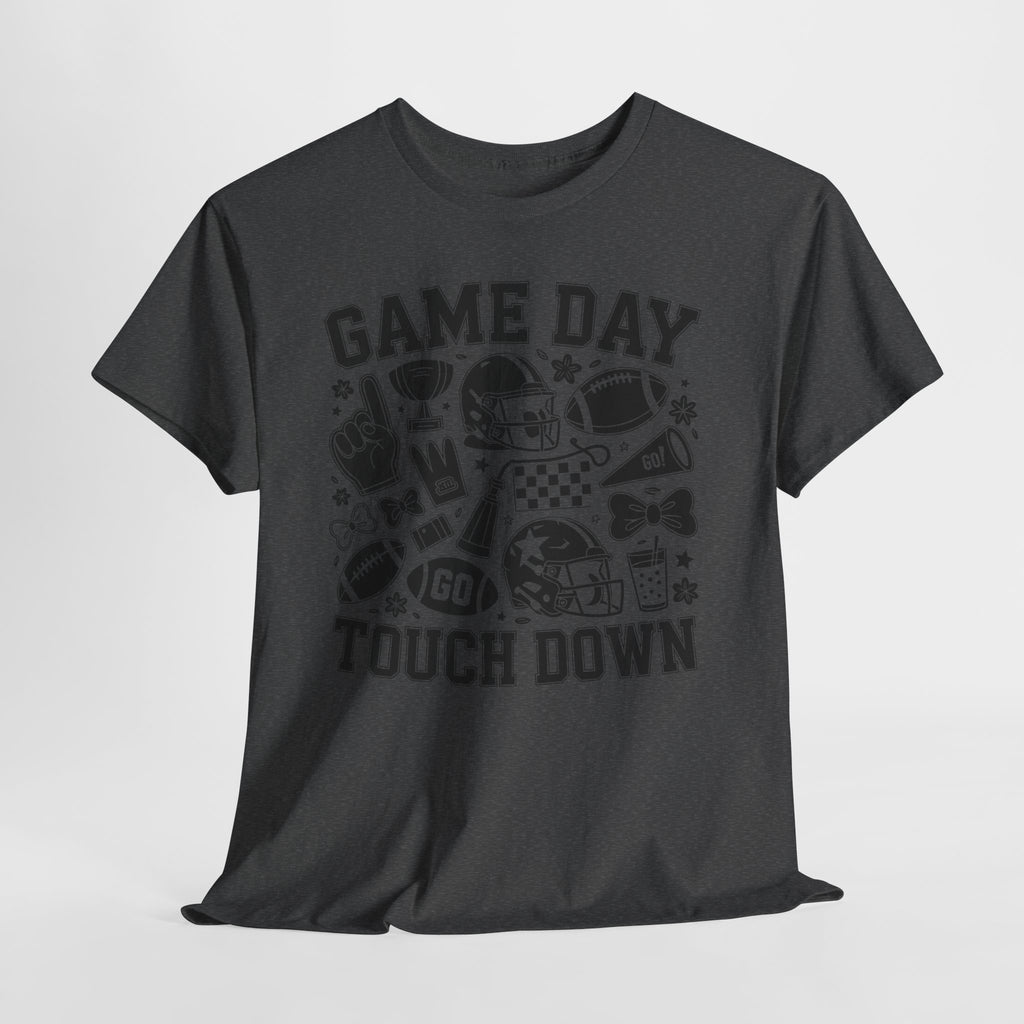 Game Day Touch Down Football T‑Shirt — Helmet & Cheer Monochrome Design Unisex Cotton Tee