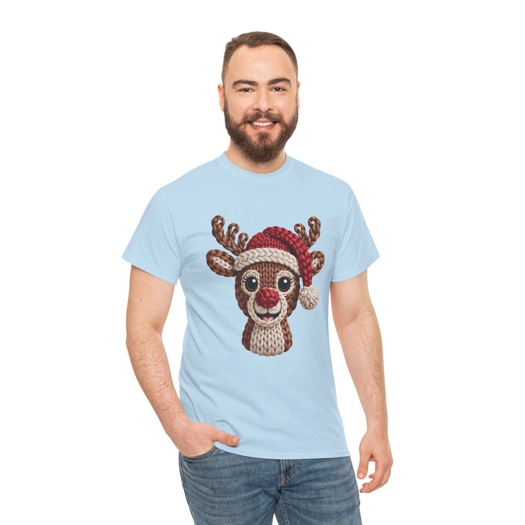 Reindeer in Santa Hat Cotton Tee — Joyful Faux-Yarn Holiday Unisex Coton T-Shirt