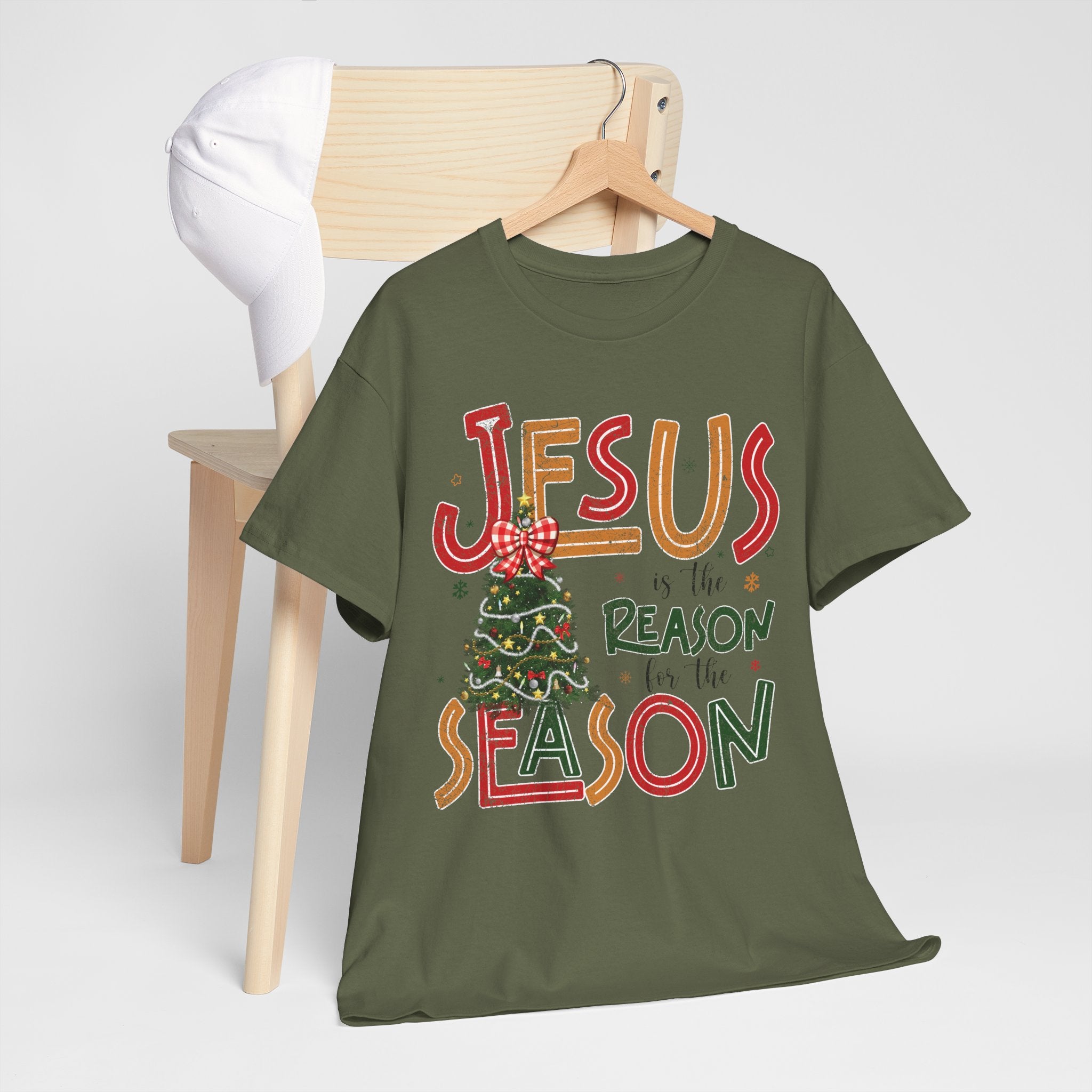 Jesus Is the Reason for the Season Christmas T-Shirt — Plaid Bow Tree..Unisex Cotton Tee