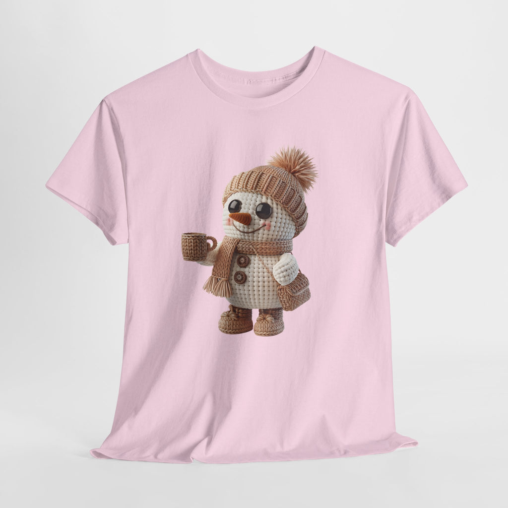 Cozy Snowman Tee — Smiling Snowman with Mug, Scarf & Beanie. Unisex Cotton Tee
