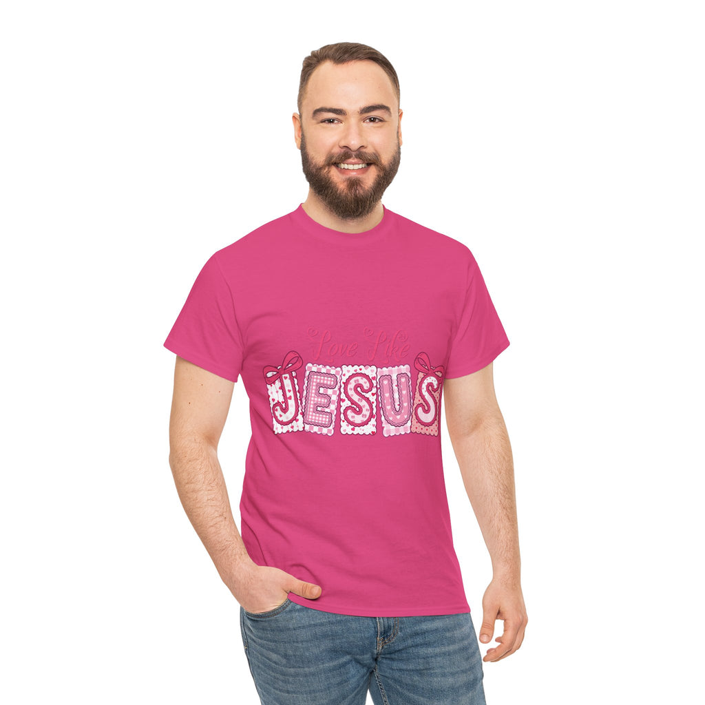 Love Like Jesus Patchwork Tee — Pink Stitched Heart Graphic.Unisex Cotton Tee