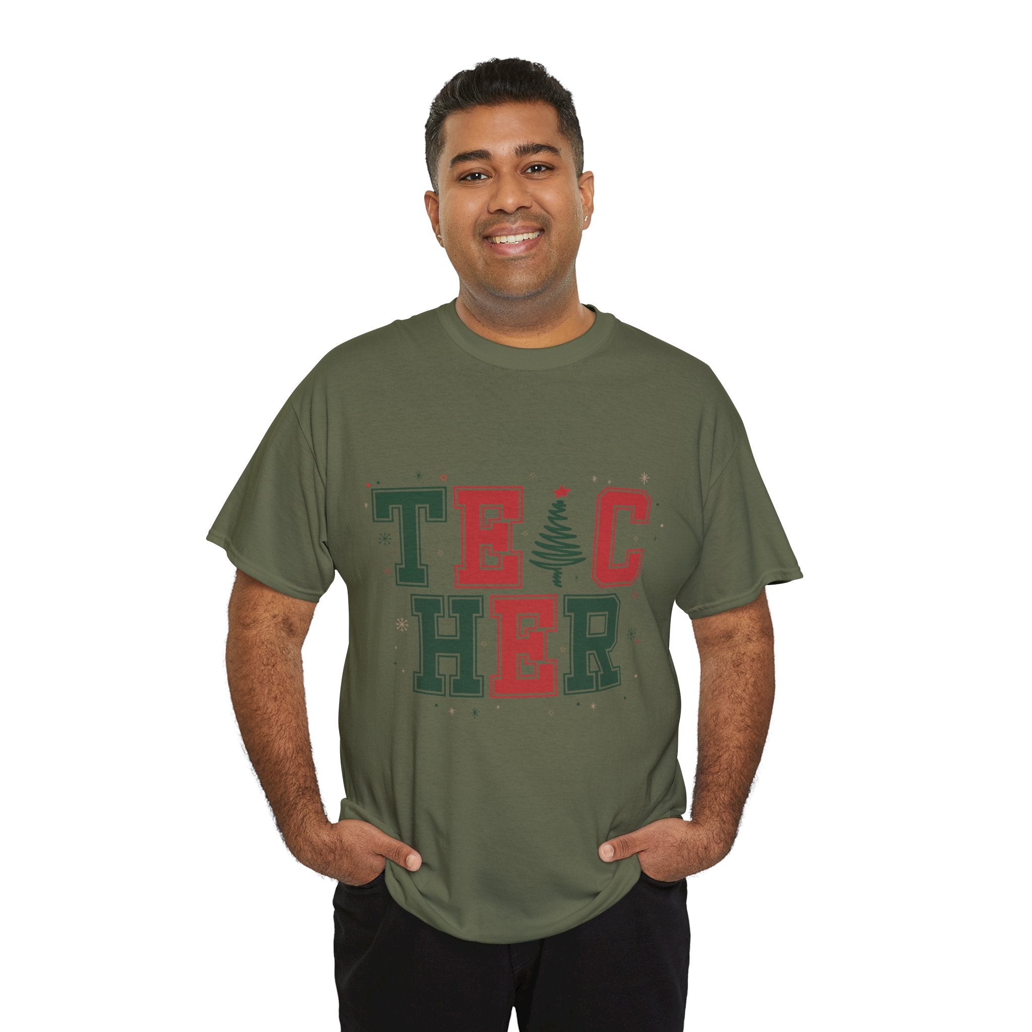 Teacher Christmas Varsity T-Shirt — Red & Green Holiday Unisex Cotton Tee