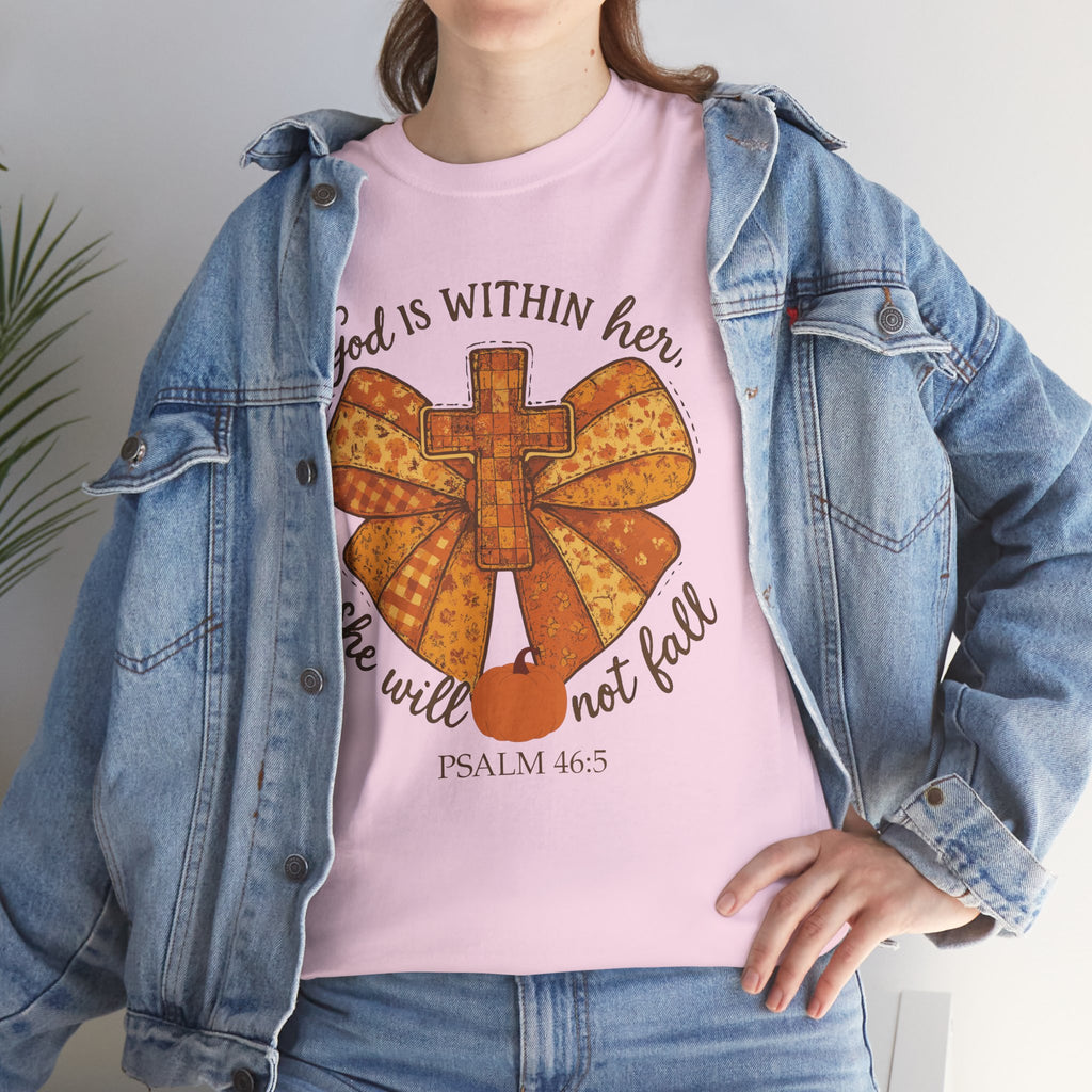 Psalm 46:5 Cross Patchwork Tee — Fall Bow Christian Unisex Cotton T-Shirt