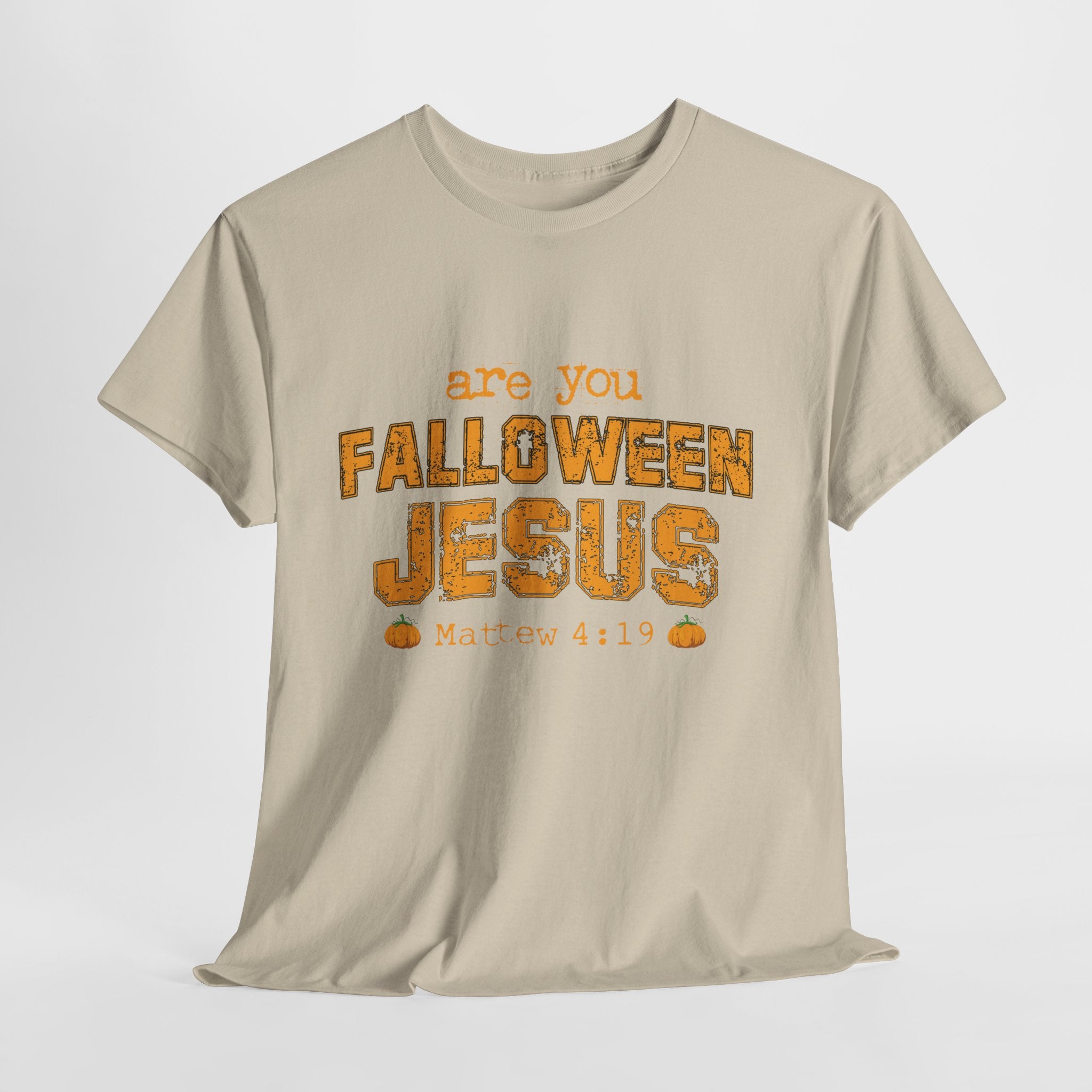 Christian Halloween T-Shirt — “Are You Falloween Jesus? Matthew 4:19” Distressed Pumpkin Design. Unisex Cotton Tee