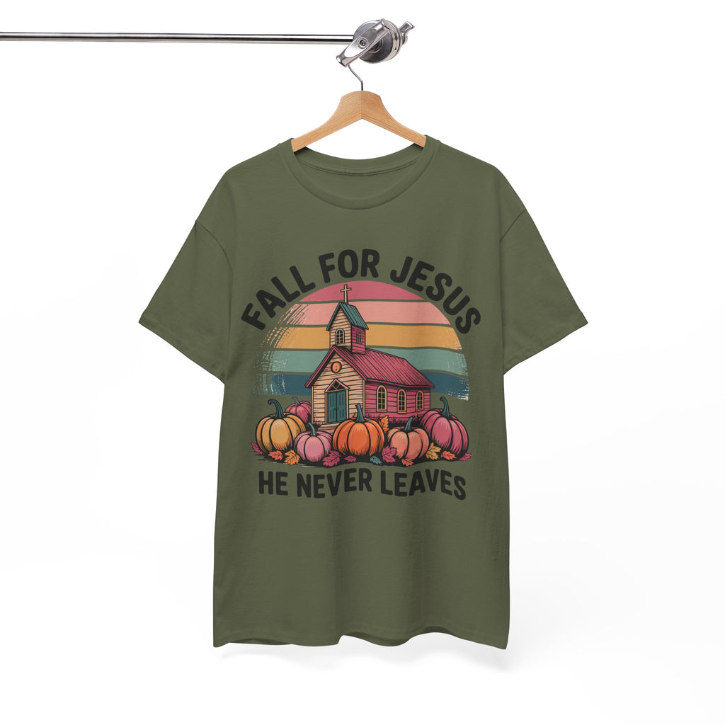 Jesus Leopard Print Fall T-Shirt — Pumpkins, Leaves & Floral Faith Unisex Cotton Tee
