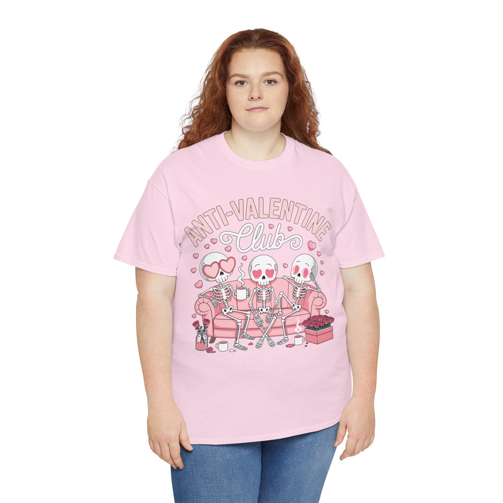 Anti-Valentine Club Skeleton Tee — Anti-Romance Pink Couch Graphic Unisex Cotton T-Shirt