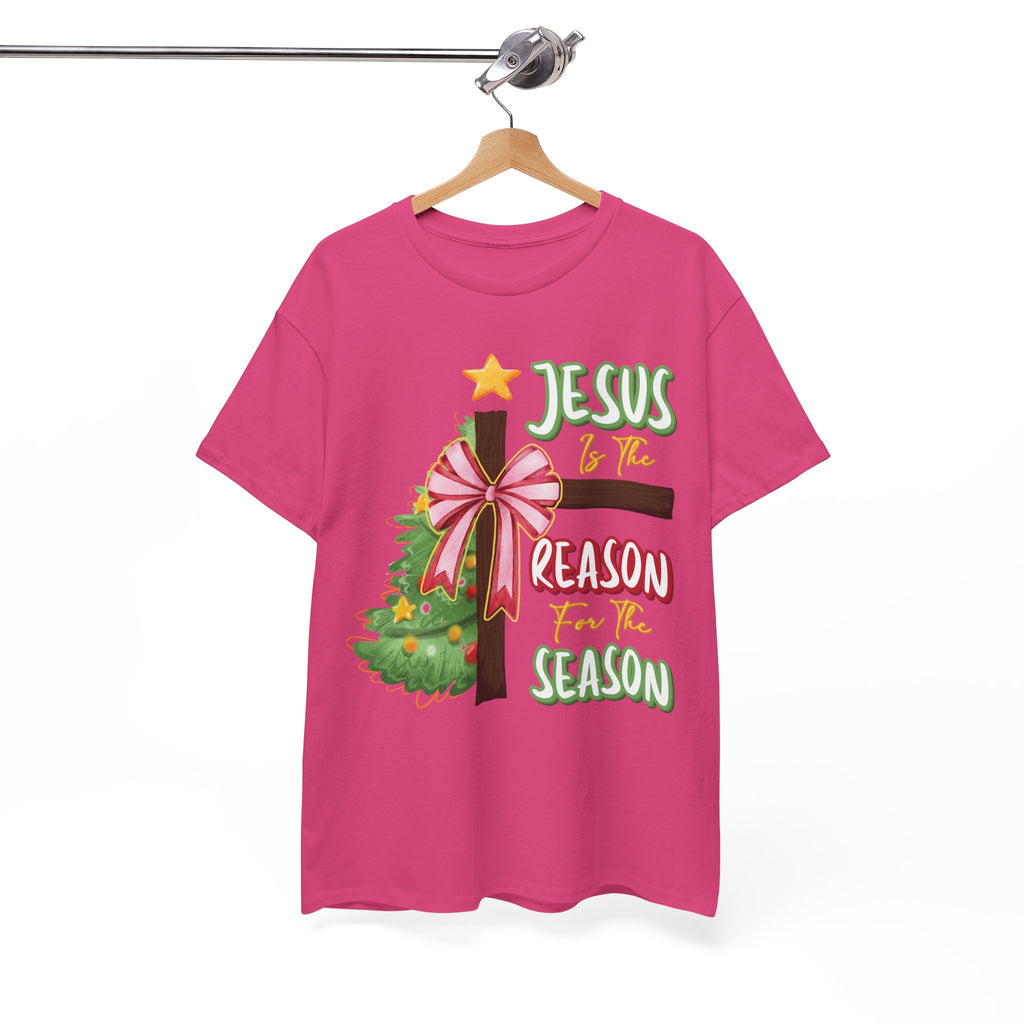 Jesus Is the Reason for the Season Christmas Tee — Cross with Pink Bow & Tree. Unisex Cotton Tee