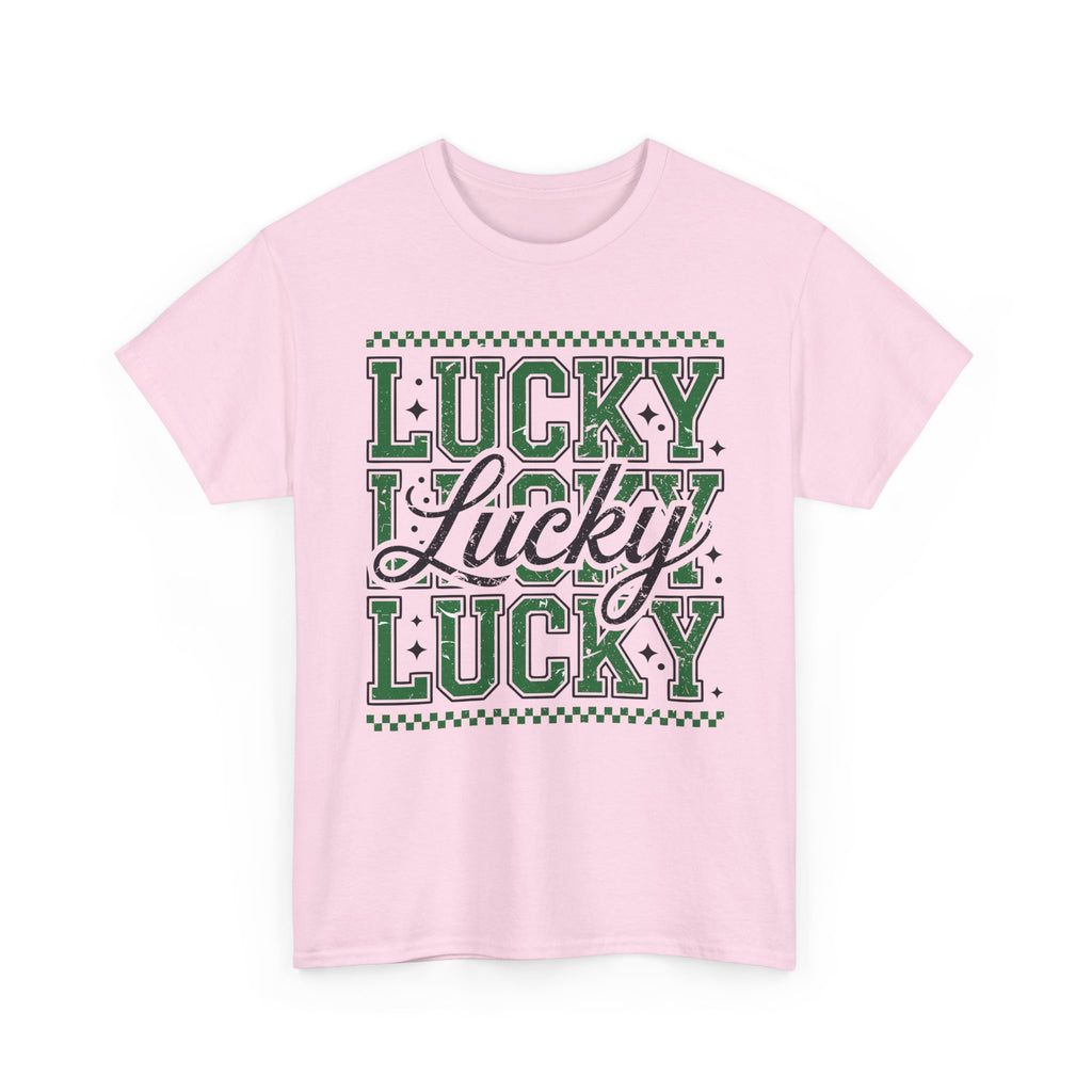 Lucky Varsity Tee — Layered Green ‘Lucky’ Graphic Unisex Cotton Tee