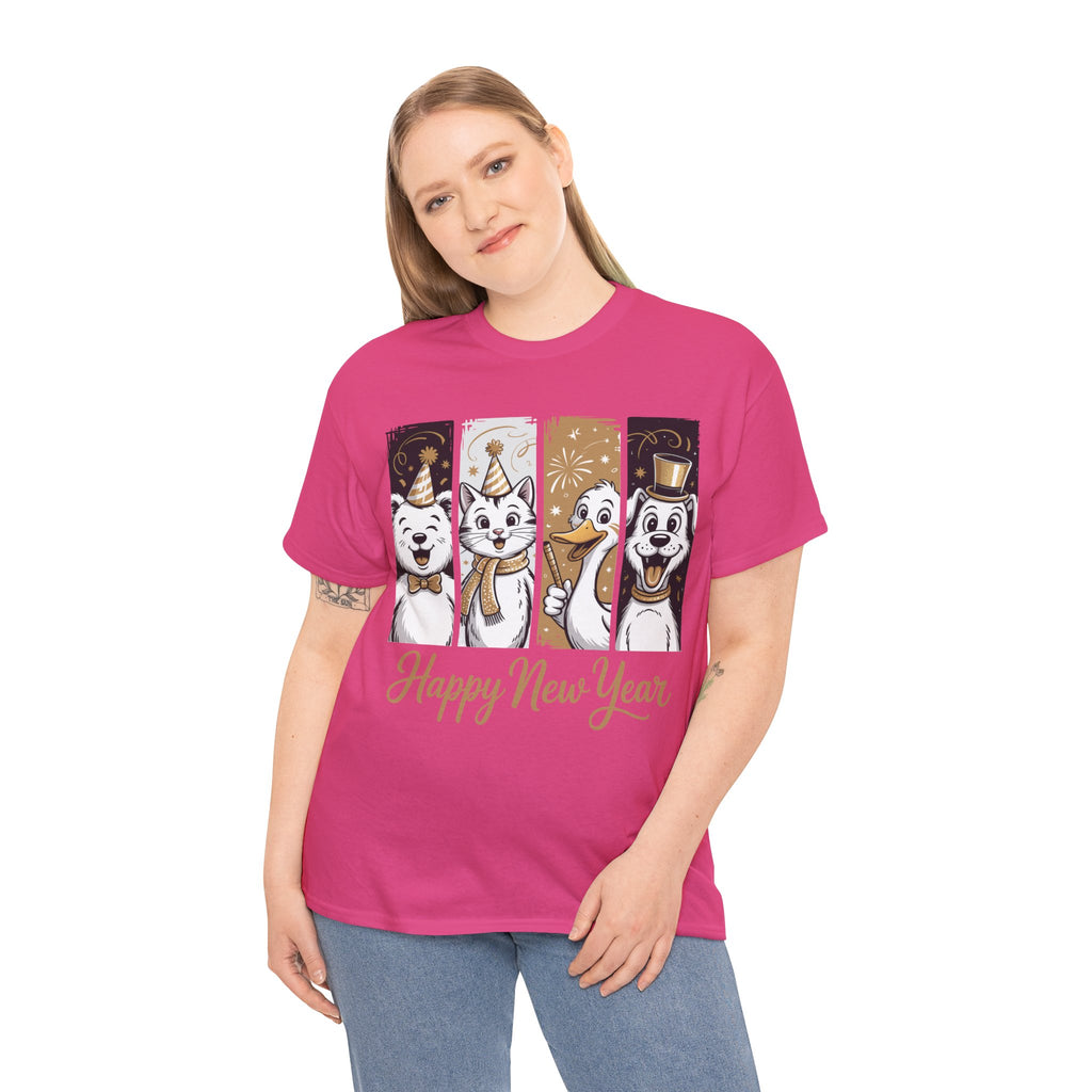 Happy New Year Party Animals T-Shirt — Cute Smiling Animals in Party Hats & Gold Fireworks..Unisex Cotton Tee