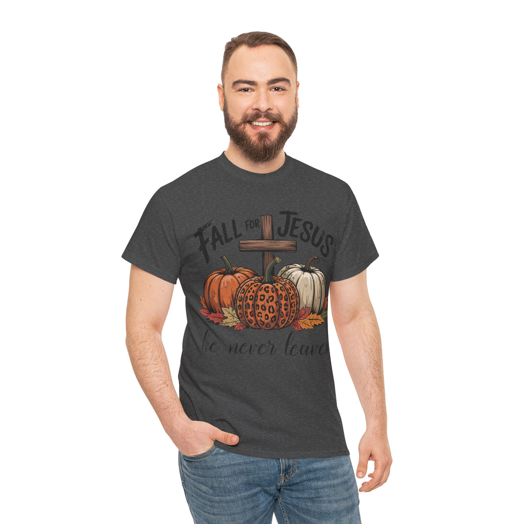 Fall for Jesus Pumpkin Cross Tee — "He Never Leaves" Autumn Christian Unisex Cotton T-Shirt