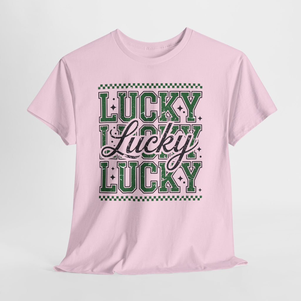 Lucky Varsity Tee — Layered Green ‘Lucky’ Graphic Unisex Cotton Tee