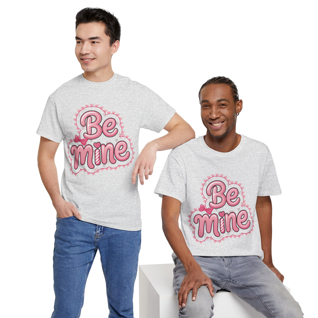 Be Mine Valentine T-Shirt — Pink Bubble Letters with Hearts & Bow..Unisex Cotton Tee
