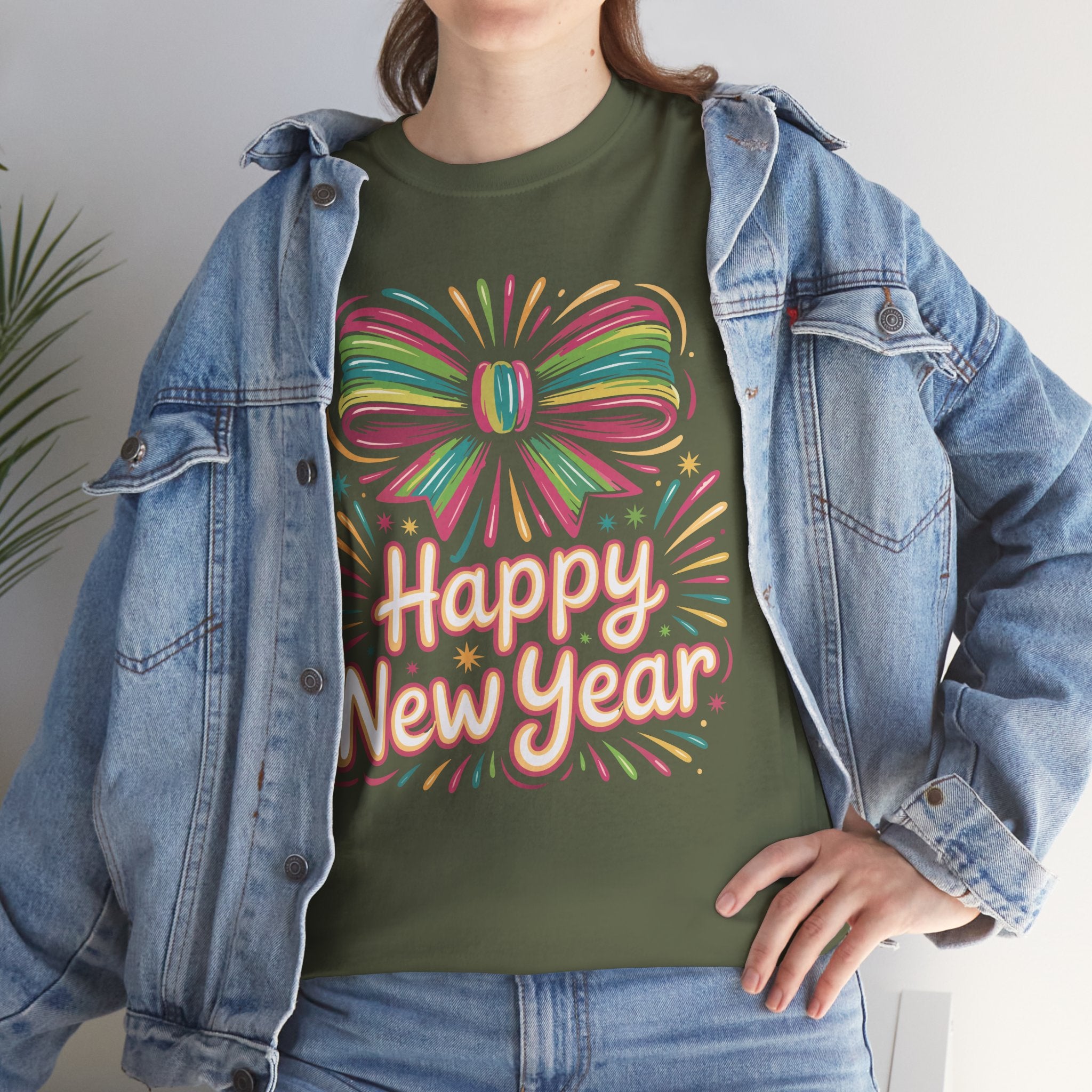 Happy New Year Pastel Tee — Rainbow Bow & Fireworks Celebration Unisex Cotton Tshirt