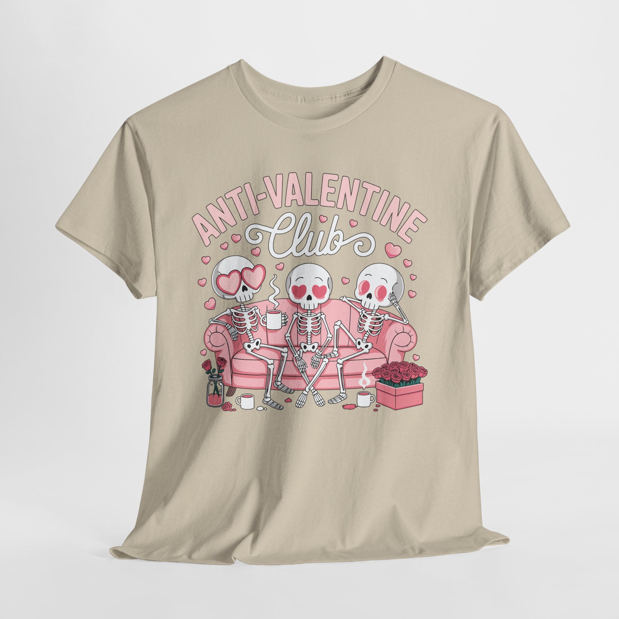 Anti-Valentine Club Skeleton Tee — Anti-Romance Pink Couch Graphic Unisex Cotton T-Shirt
