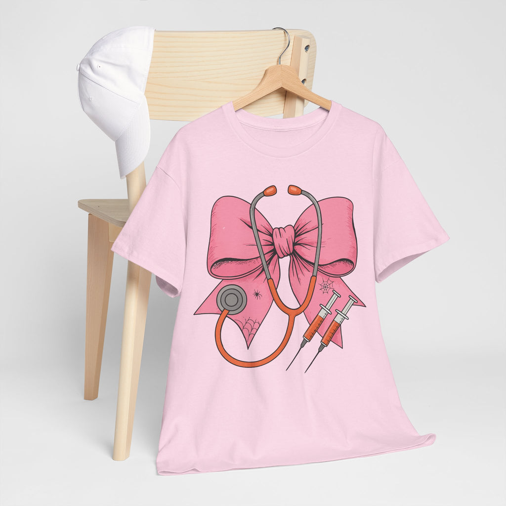 Halloween Nurse T‑Shirt — Pink Nurse Bow with Stethoscope, Syringes & Spider Webs..Unisex Cotton Tee
