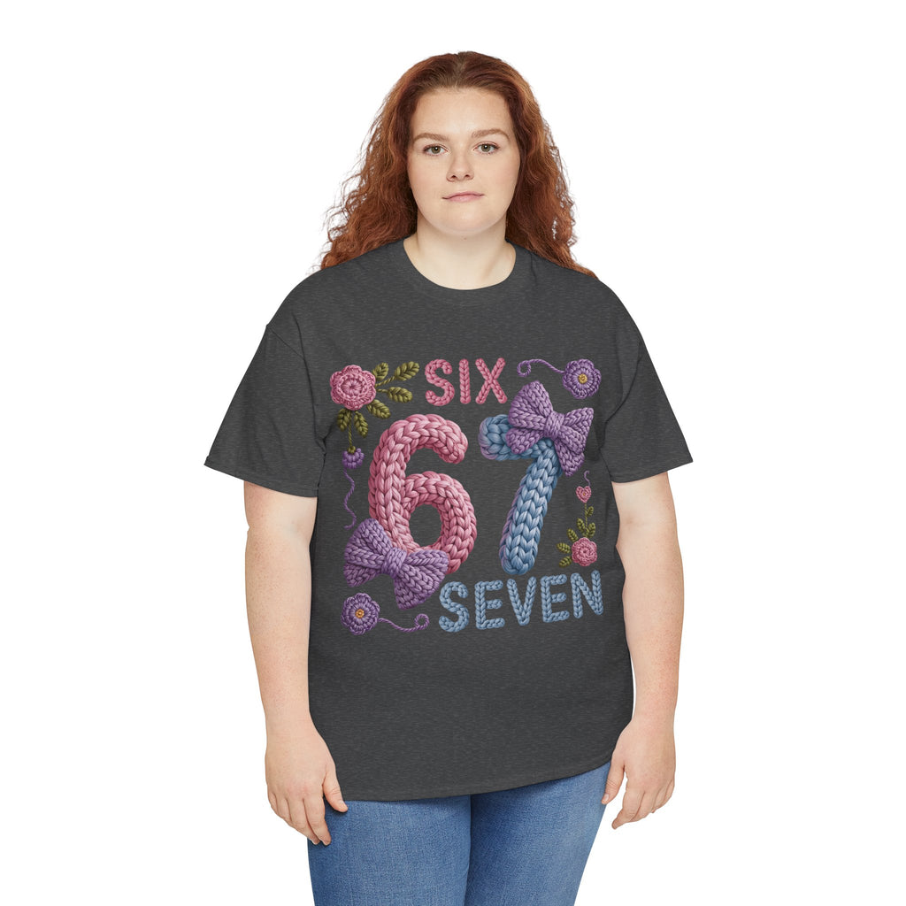 Pastel Crochet Numbers 6 & 7 Tee — Faux-Yarn Bows & Flowers. Unisex Cotton Tee
