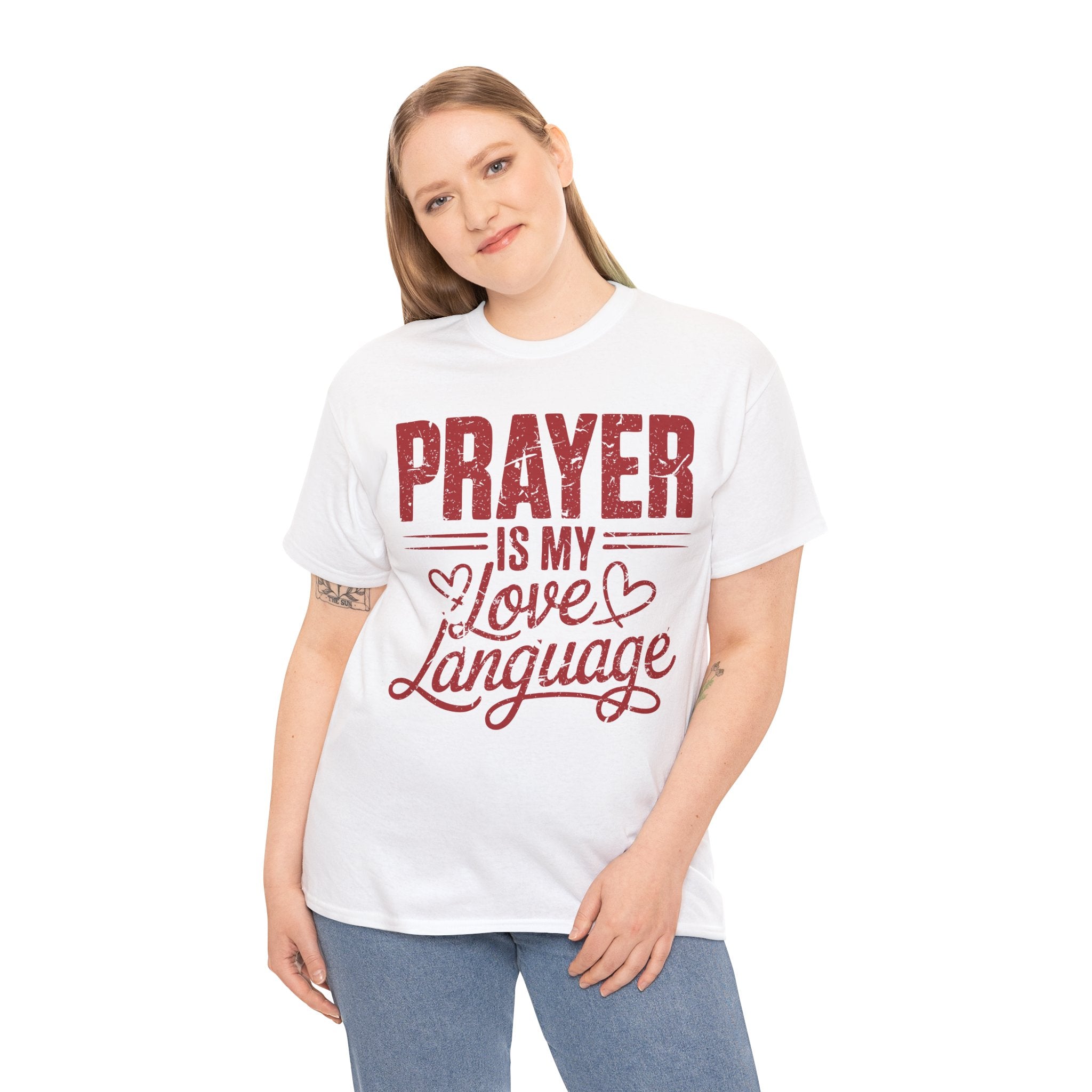Prayer Is My Love Language T-Shirt — Faith-Inspired Red Hearts Unisex Cotton Tee
