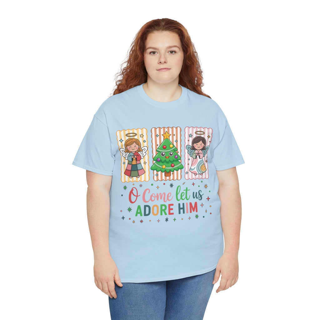 O Come Let Us Adore Him Christmas Tee — Smiling Angels & Happy Tree..Unisex Cotton Tee