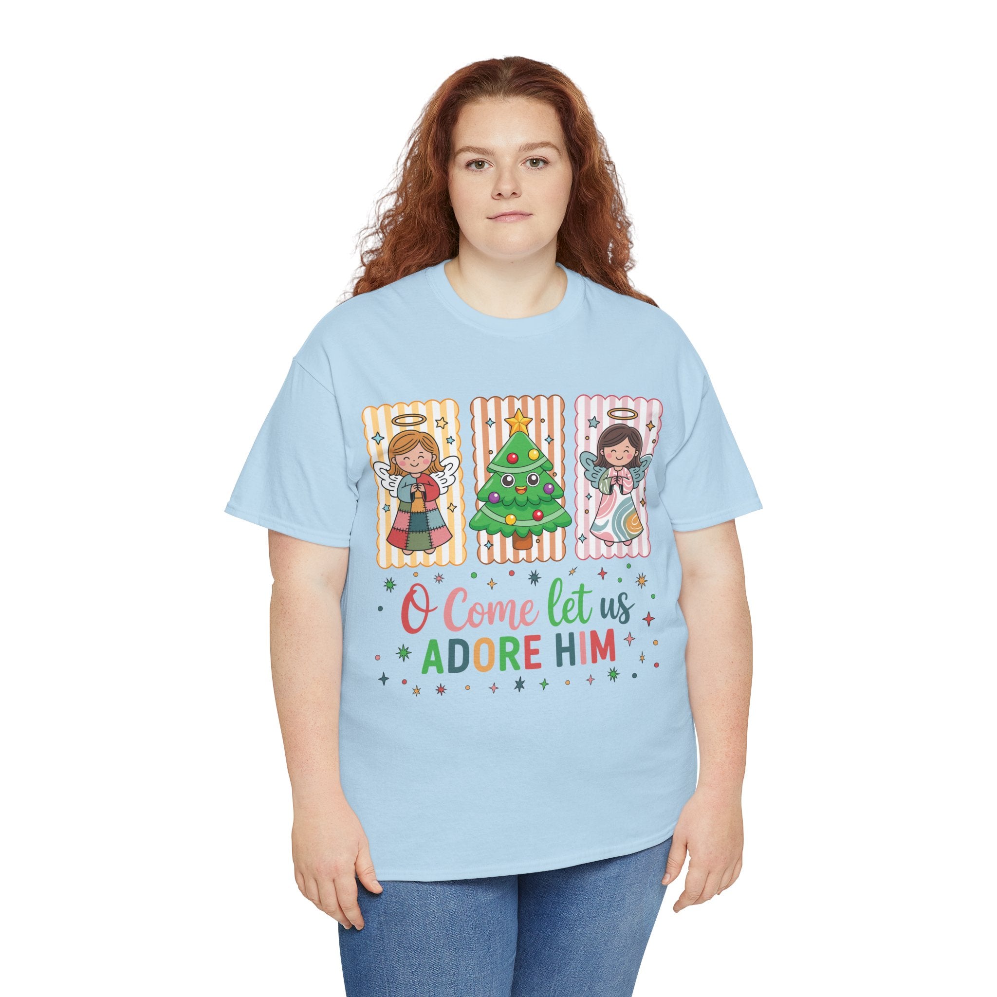 O Come Let Us Adore Him Christmas Tee — Smiling Angels & Happy Tree..Unisex Cotton Tee