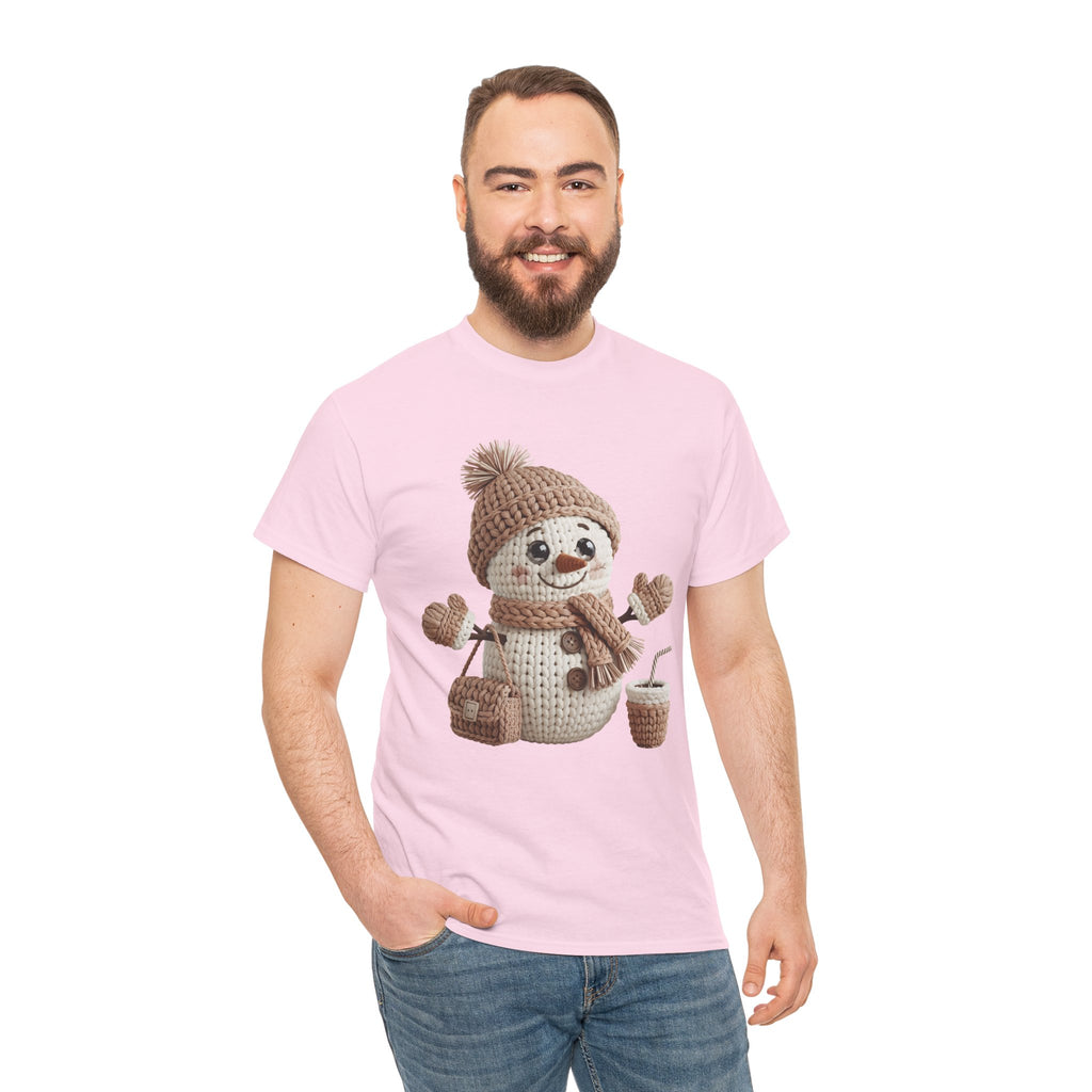 Snowman Knit‑Style Graphic Tee — Cute Faux‑Yarn Snowman with Hat, Scarf & Mittens.Unisex Cotton Tee