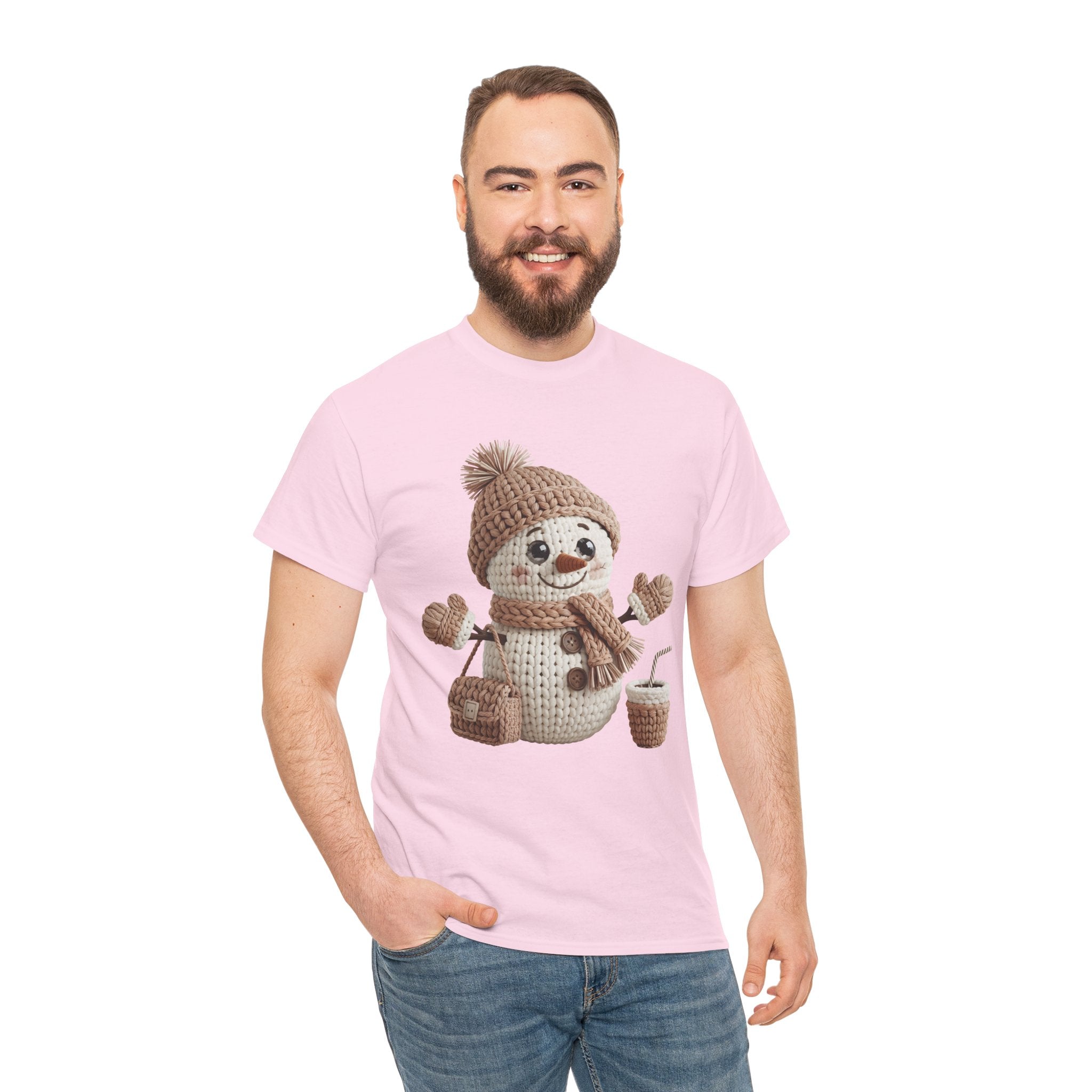 Snowman Knit‑Style Graphic Tee — Cute Faux‑Yarn Snowman with Hat, Scarf & Mittens.Unisex Cotton Tee