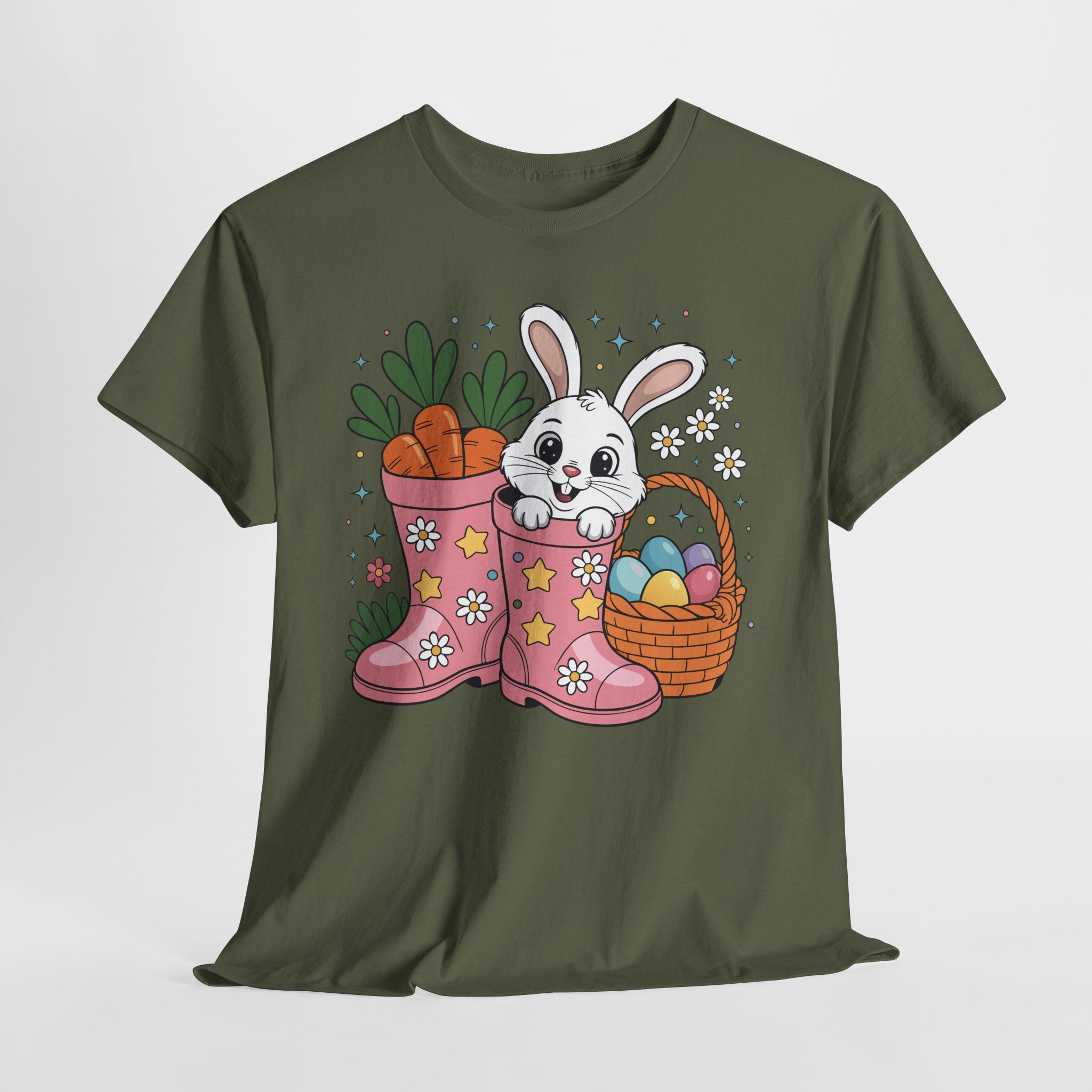 Easter Bunny in Pink Rain Boots T-Shirt — Cartoon Bunny, Carrots & Colorful Eggs Unisex Cotton Tee