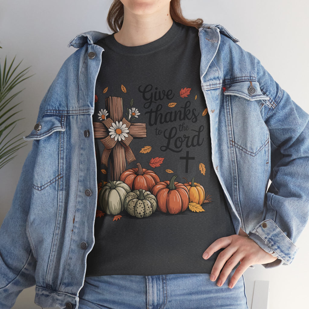 Give Thanks to the Lord Autumn Tee — Wooden Cross, Pumpkins & Daisies..Unisex Cotton Tee