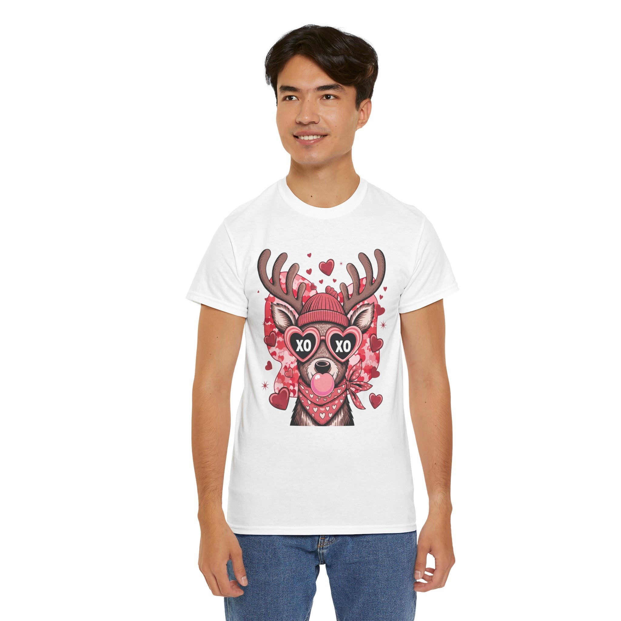Valentine Deer Tee — Cute XO Heart Glasses, Beanie & Scarf Unisex Cotton Tshirt