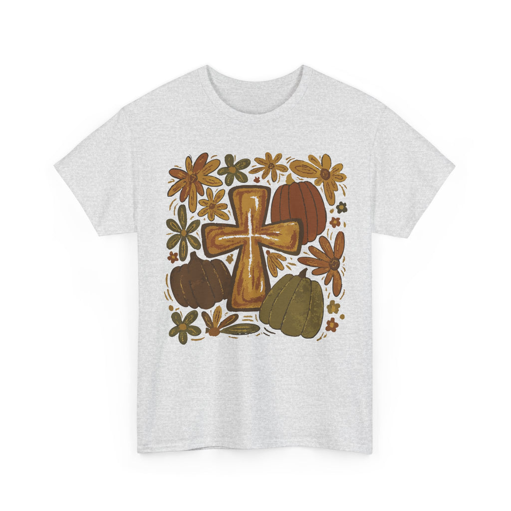 Autumn Cross Tee — Rustic Pumpkin & Fall Floral Christian Unisaex Cotton T-Shirt