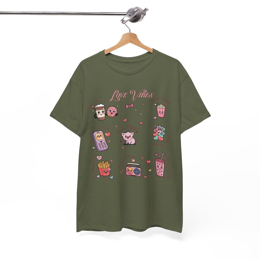 Love Vibes Kawaii Valentine T-Shirt — Cute Donut, Coffee & Piglet Design Unisex Cotton Tee