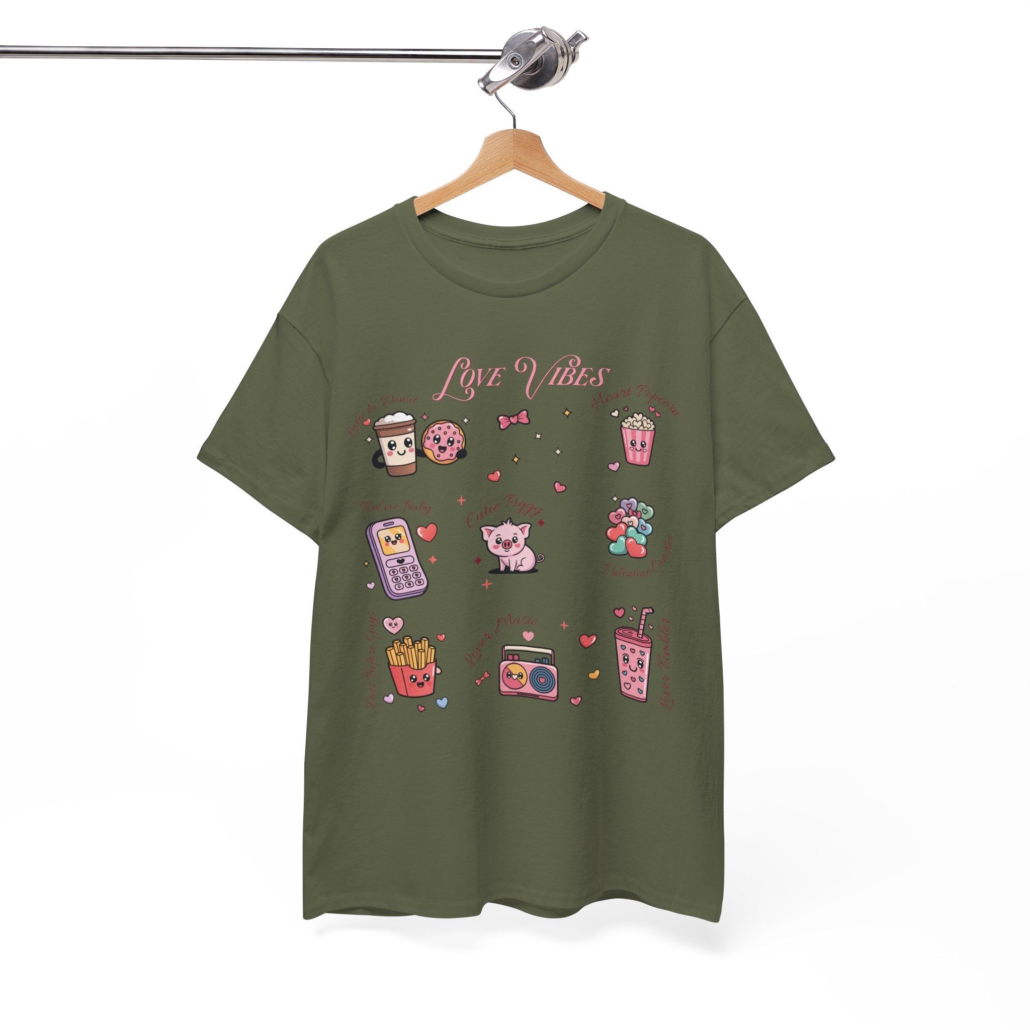 Love Vibes Kawaii Valentine T-Shirt — Cute Donut, Coffee & Piglet Design Unisex Cotton Tee