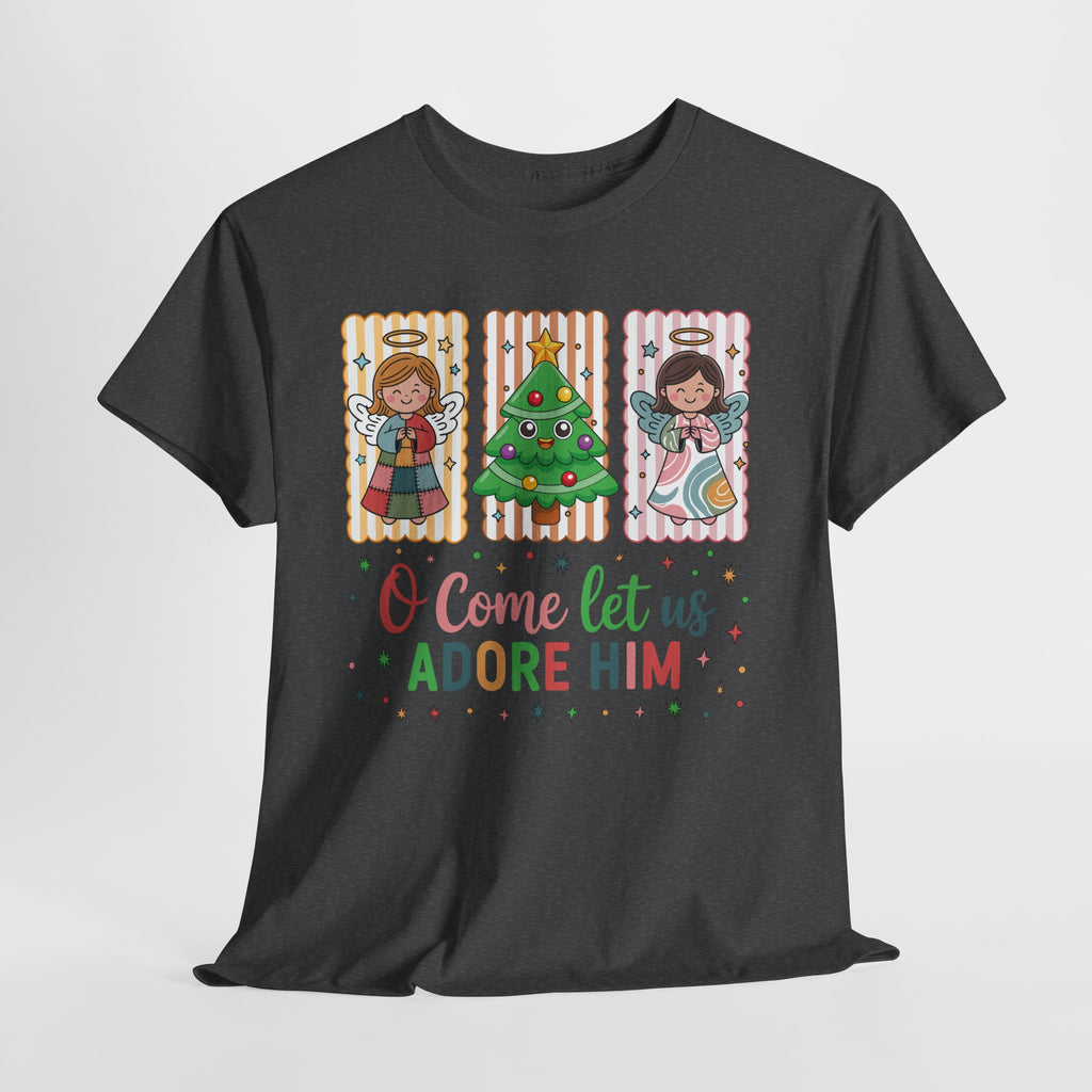O Come Let Us Adore Him Christmas Tee — Smiling Angels & Happy Tree..Unisex Cotton Tee